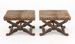 Regency Style Carved Wood Leopard Print Stools, 2