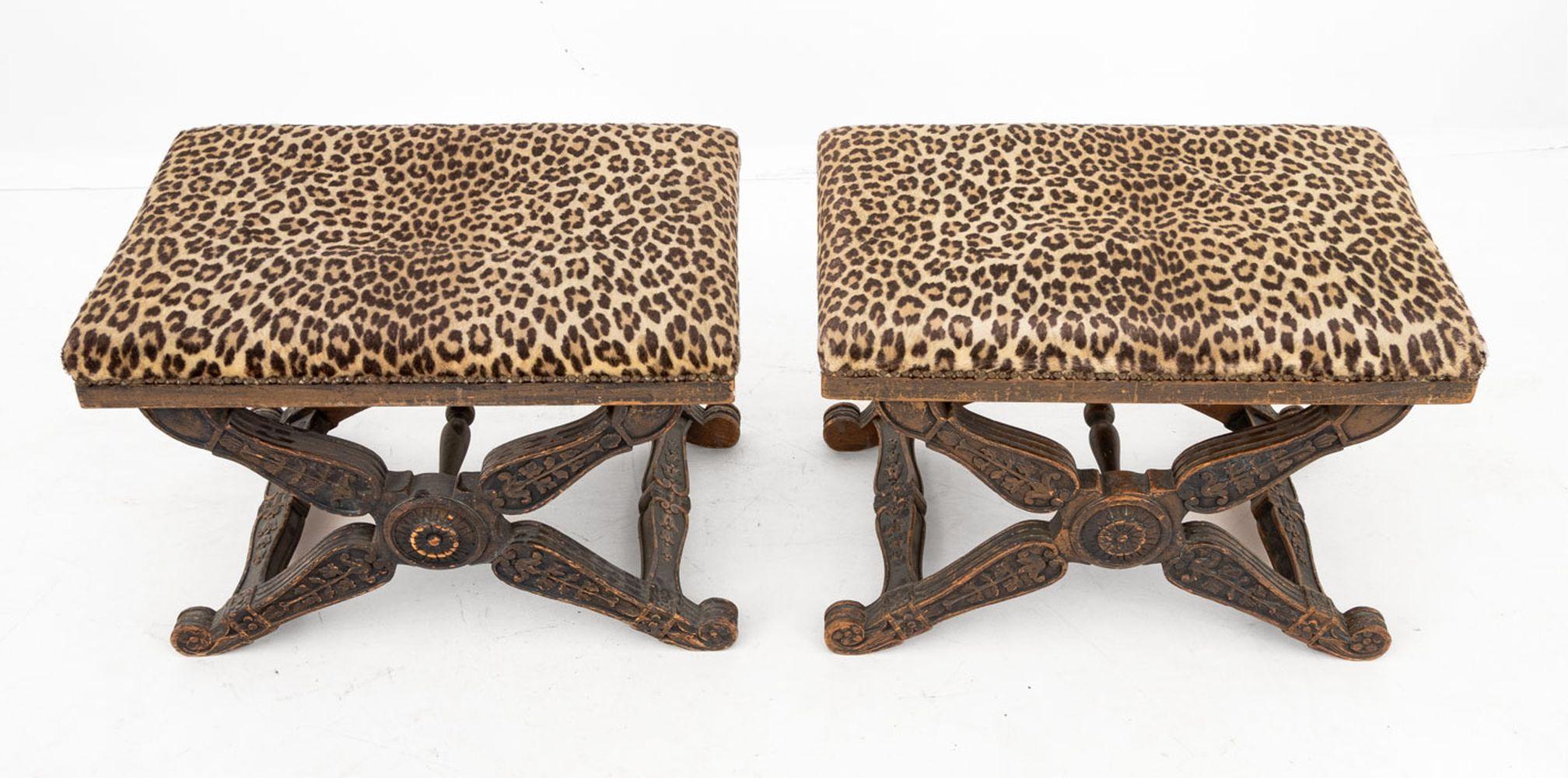 Taburetes Estilo Regencia Madera Tallada Estampado Leopardo, 2 Tapicería en venta