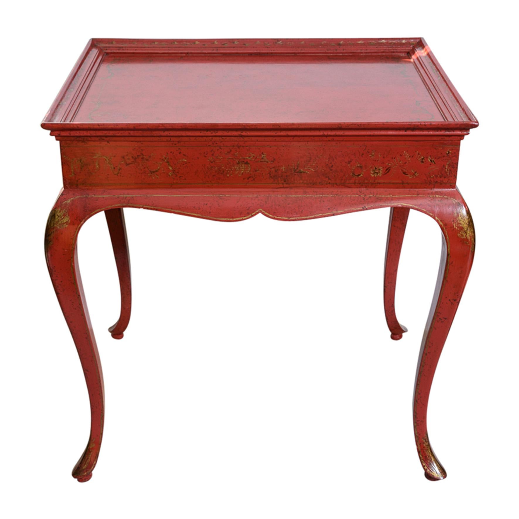 This is a beautiful  Red Lacquer with Gold decor, apron and gallery center table, in the  Louis XV Chinoiserie style.
The gold design is very delicately done.
Very elegant Cabriole Legs
Very good vintage condition, consistent with age and use. 