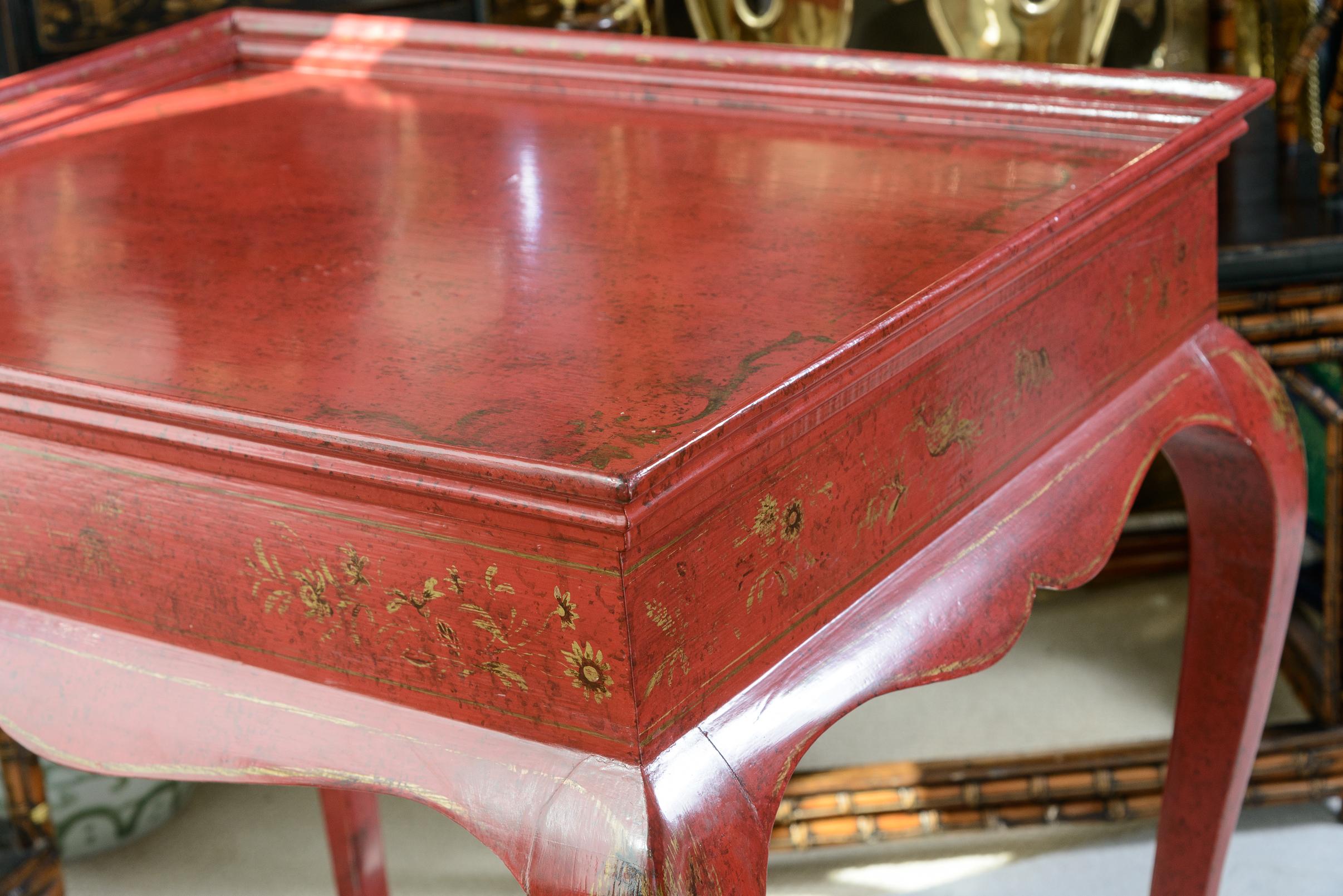 Hand-Crafted Regency Style Center Table with Chinese Red Lacquered &Gold Decor For Sale