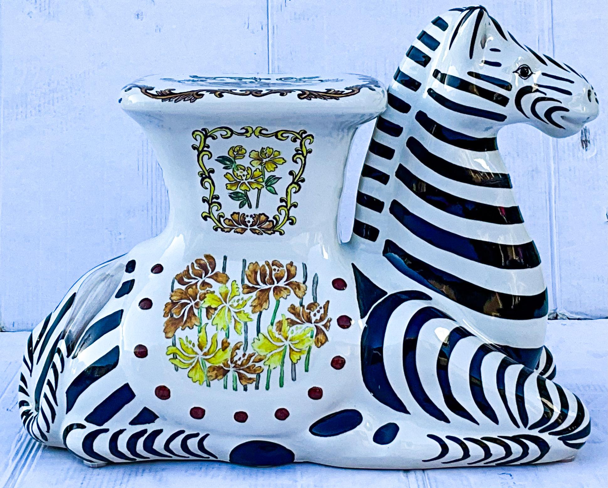 Hollywood Regency Regency Style Ceramic Zebra Garden Seat Or Side Table - Patio Garden Sunroom 