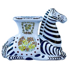 Vintage Regency Style Ceramic Zebra Garden Seat Or Side Table - Patio Garden Sunroom 