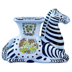 Used Regency Style Ceramic Zebra Garden Seat Or Side Table - Patio Garden Sunroom
