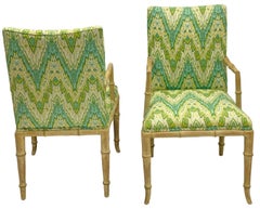 Regency Style Cerused Faux Bamboo Bergere Arm Chairs In Chevron - Pair