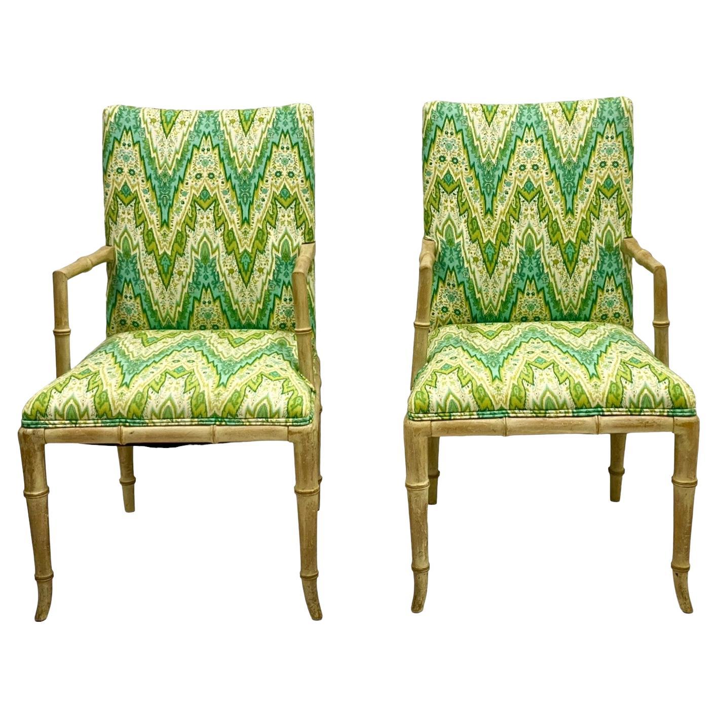 Regency Style Cerused Faux Bamboo Bergere Arm Chairs In Chevron - Pair