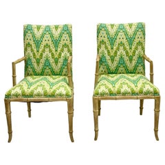 Regency Style Cerused Faux Bamboo Bergere Arm Chairs In Chevron - Pair