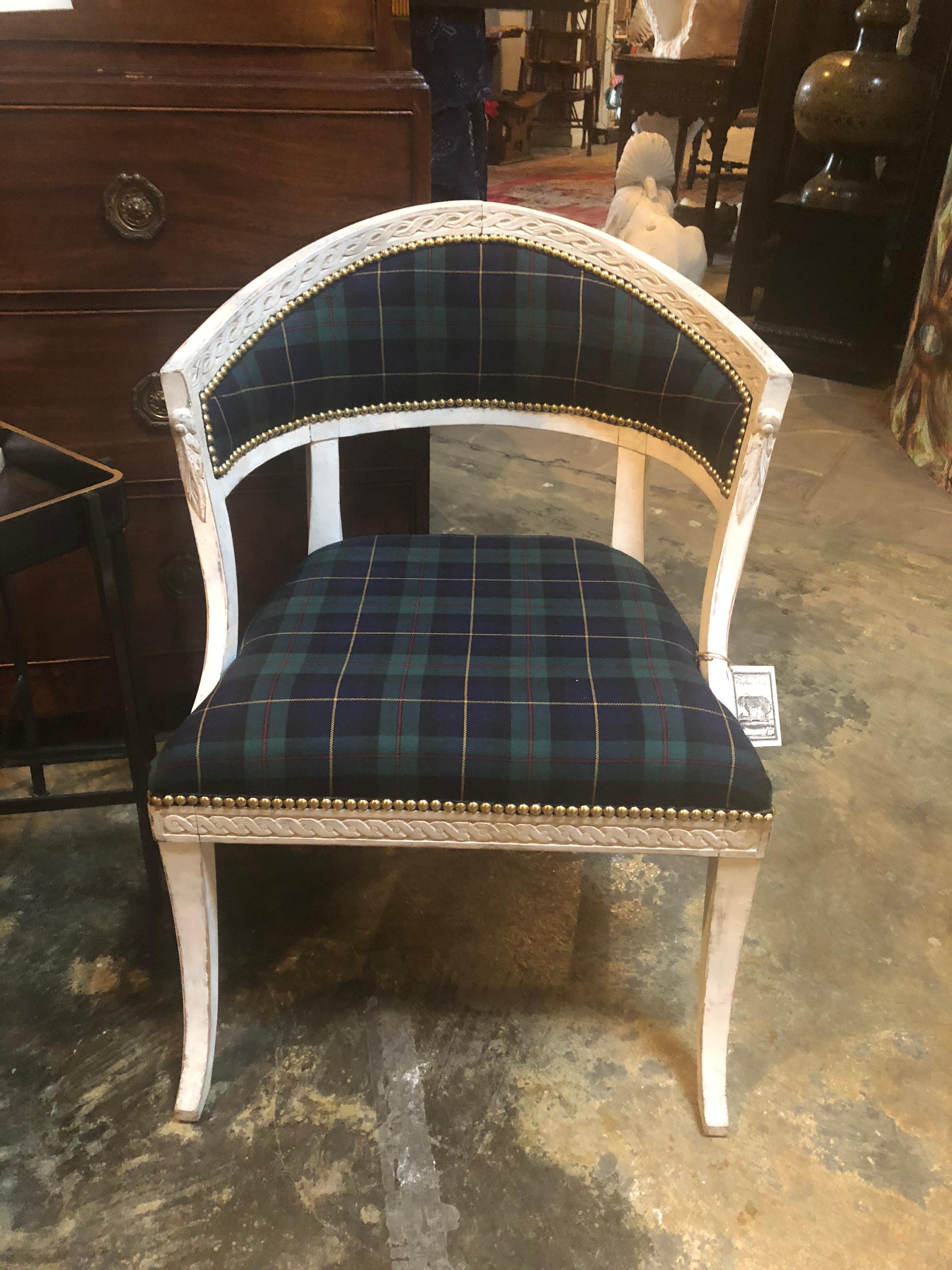 Pair of vintage Regency style chairs. Wood designed with a white wash finish. Nailhead along the chair. Upholstered in Ralph Lauren plaid wool fabric.