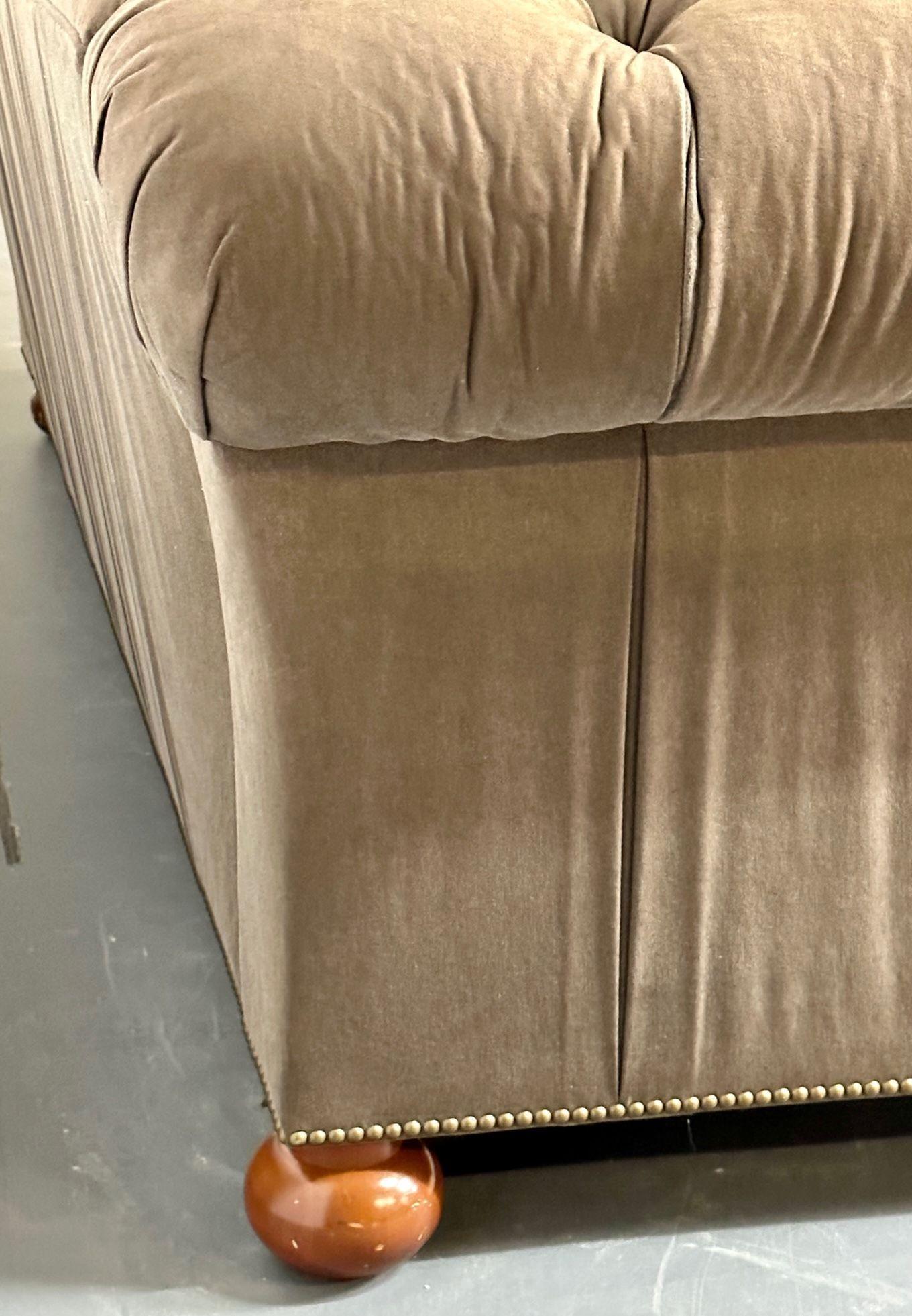 Regency Style Chesterfield Tufted Sofa, Bun Legs, Pleated Fabric, Mahogany 3