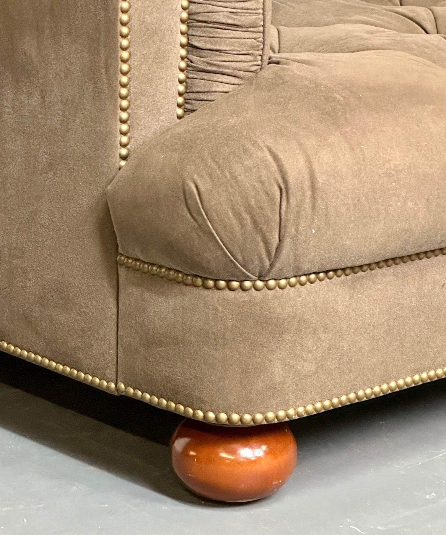 Regency Style Chesterfield Tufted Sofa, Bun Legs, Pleated Fabric, Mahogany 4