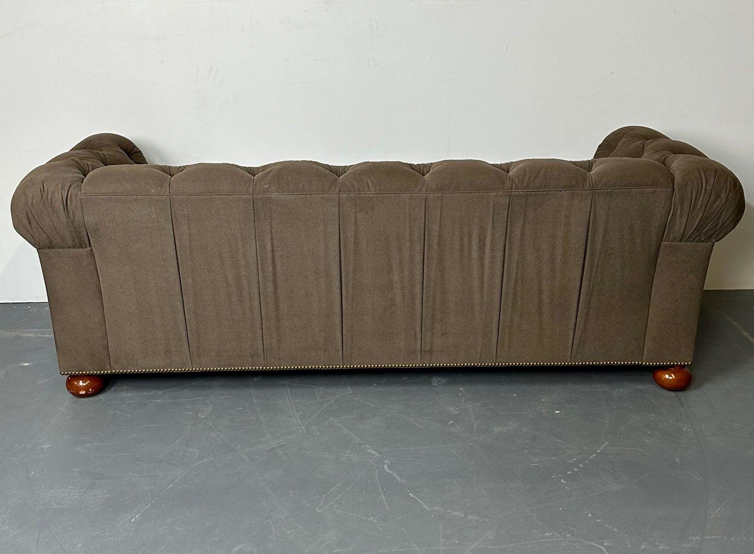 Regency Style Chesterfield Tufted Sofa, Bun Legs, Pleated Fabric, Mahogany 5
