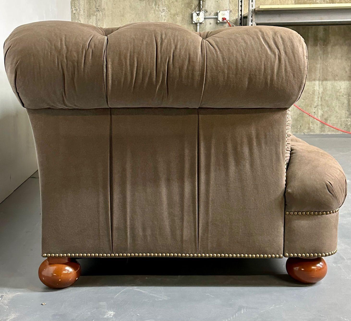 Regency Style Chesterfield Tufted Sofa, Bun Legs, Pleated Fabric, Mahogany 6