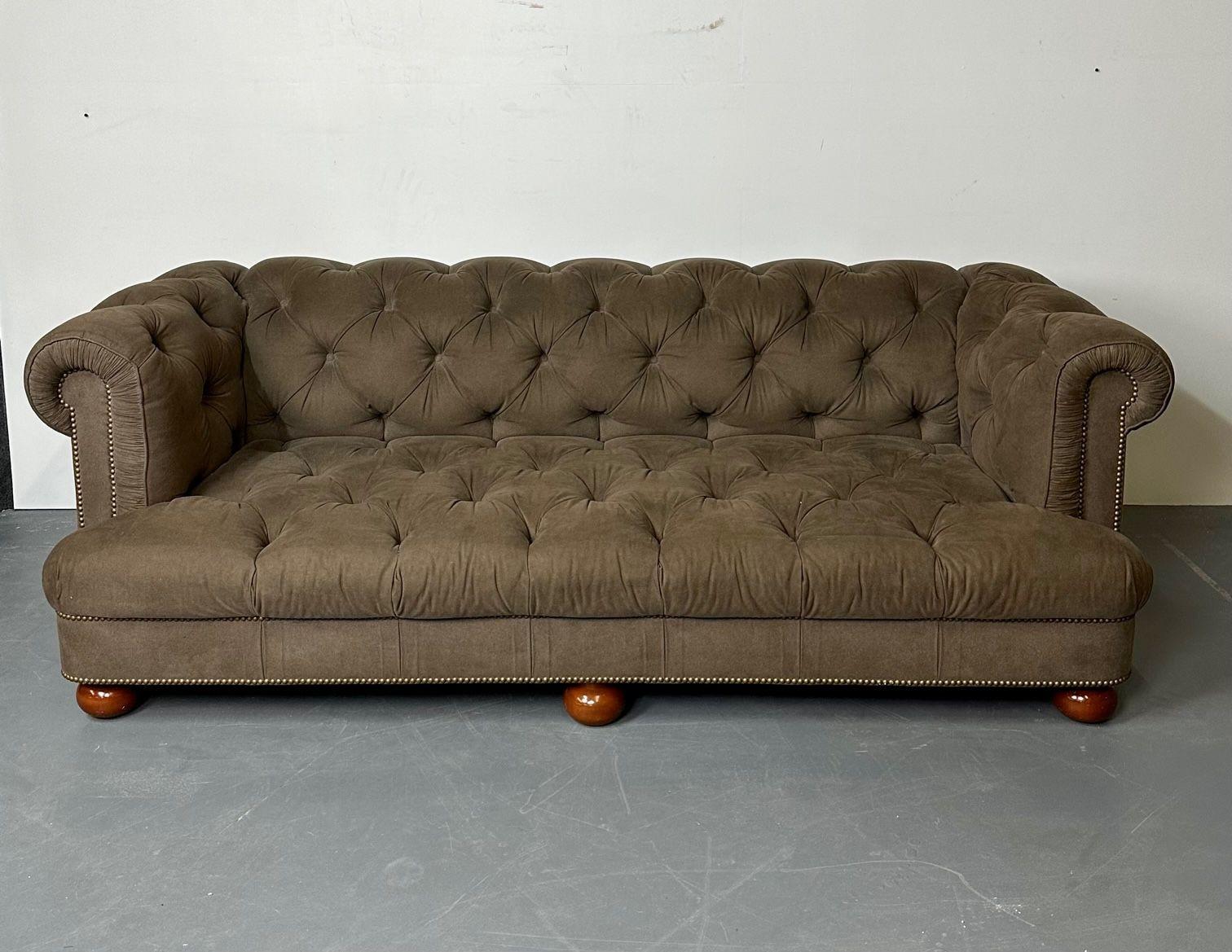 Georgian Regency Style Chesterfield Tufted Sofa, Bun Legs, Pleated Fabric, Mahogany