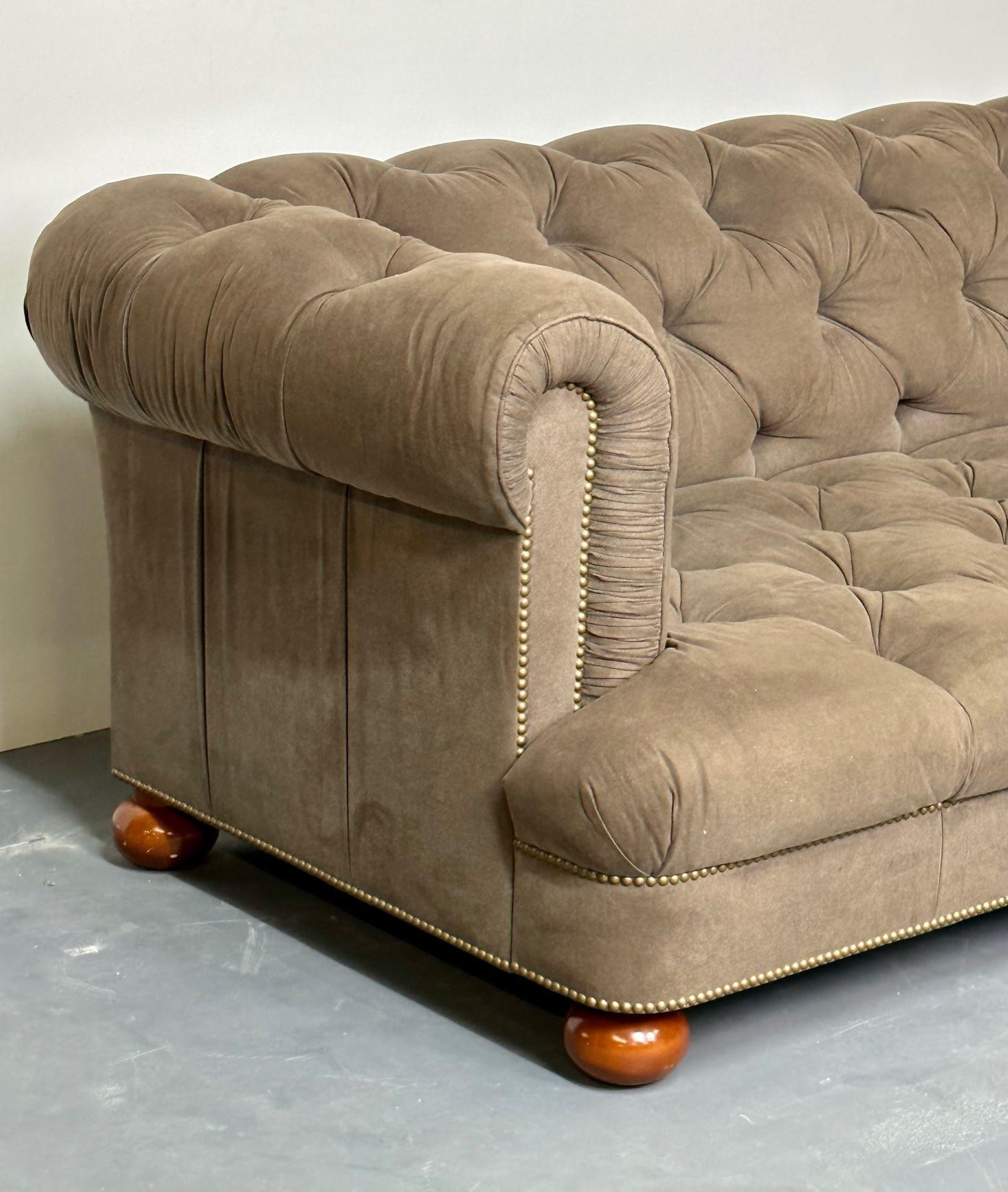 Regency Style Chesterfield Tufted Sofa, Bun Legs, Pleated Fabric, Mahogany In Good Condition In Manhasset, NY