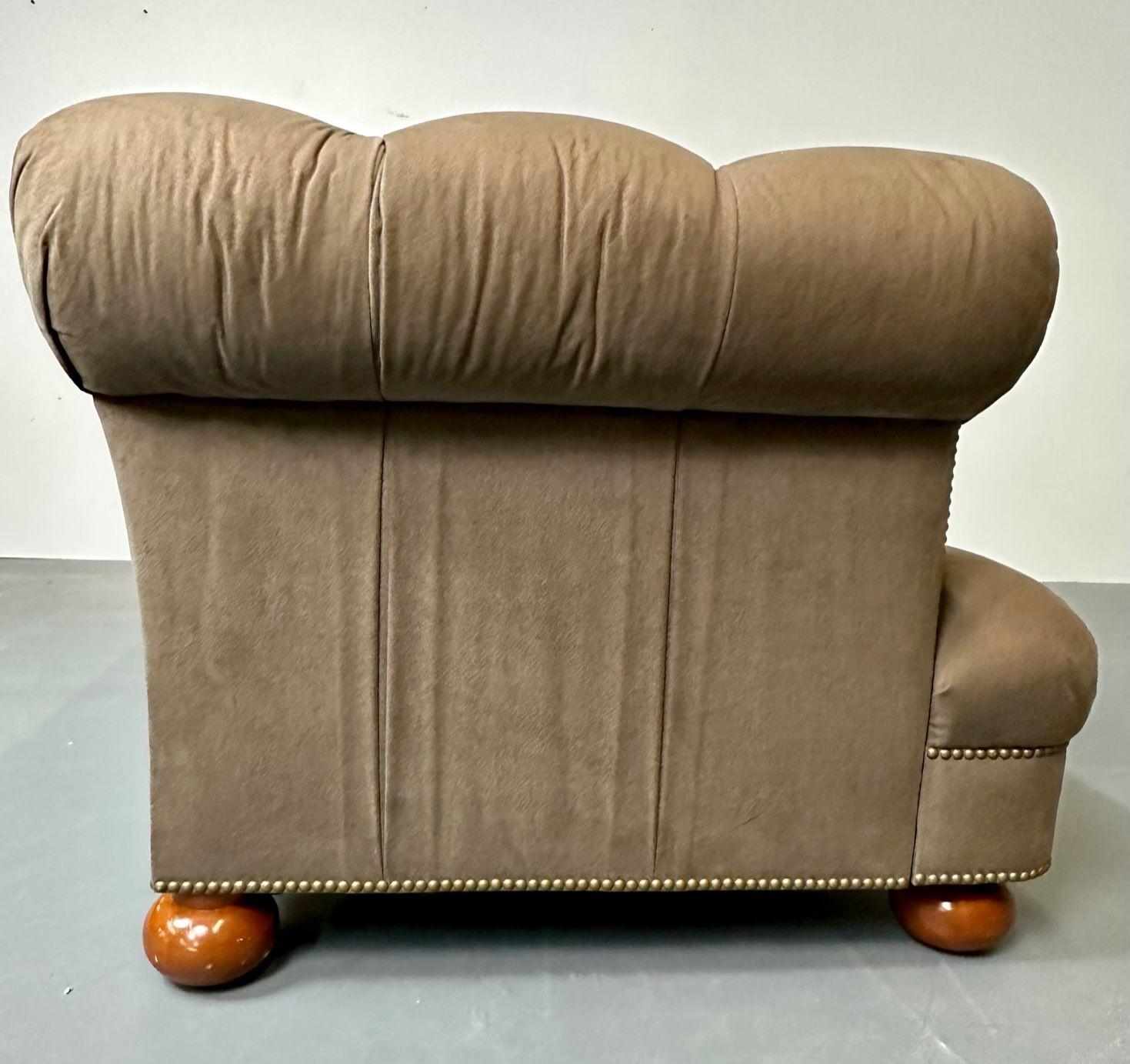 Contemporary Regency Style Chesterfield Tufted Sofa, Bun Legs, Pleated Fabric, Mahogany
