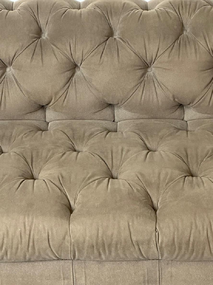 Regency Style Chesterfield Tufted Sofa, Bun Legs, Pleated Fabric, Mahogany 1