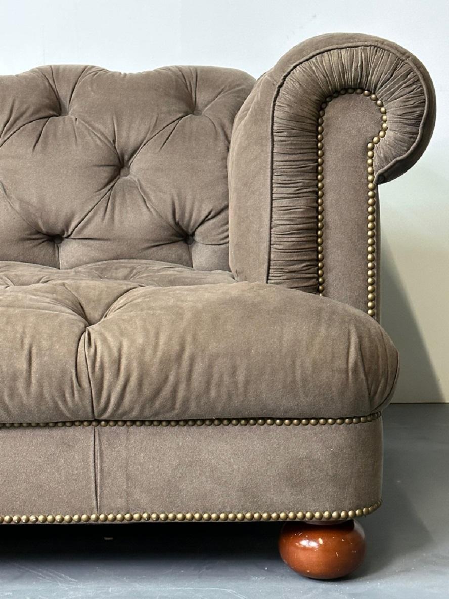 Regency Style Chesterfield Tufted Sofa, Bun Legs, Pleated Fabric, Mahogany 2