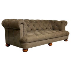 Regency Style Chesterfield Tufted Sofa, Bun Legs, Pleated Fabric, Mahogany