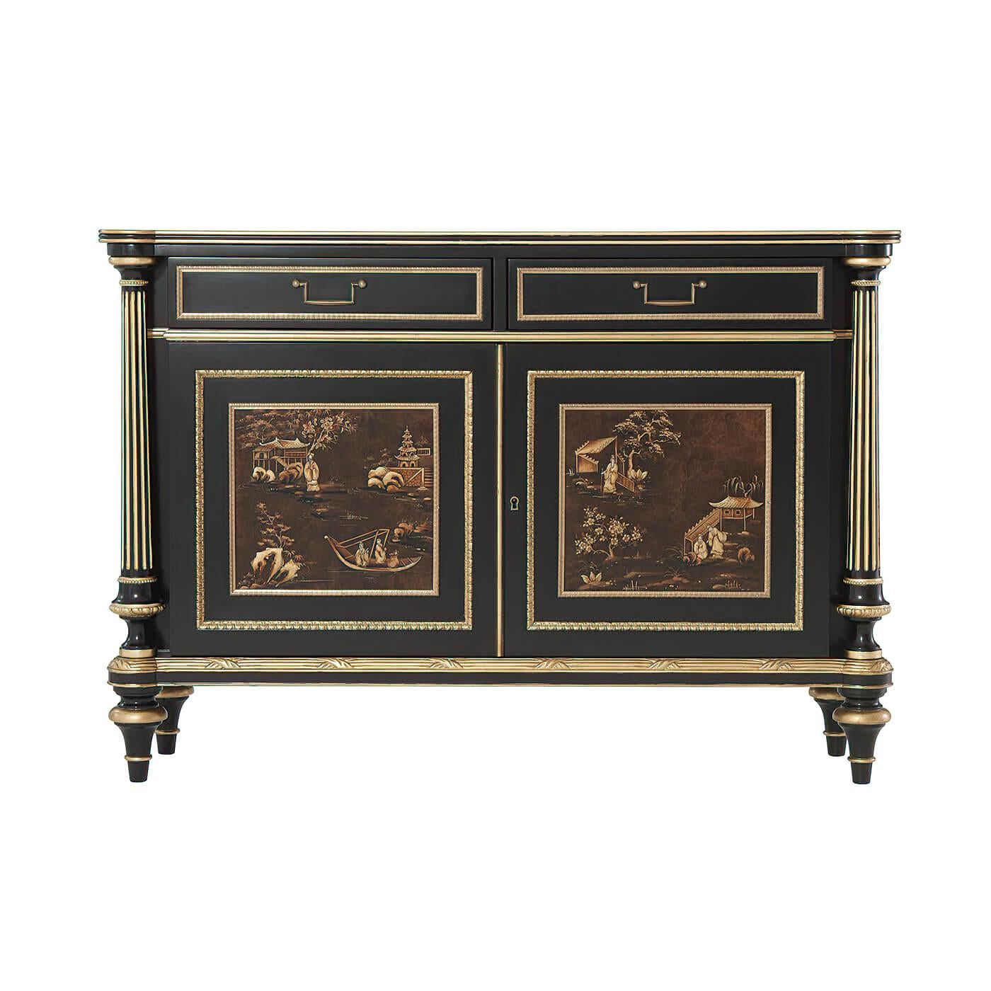 An ebonized mahogany and parcel gilt chinoiserie side cabinet, the rectangular molded edge top with protruding rounded corners, above two brass molding paneled drawers with brass handles, above two brass molding paneled and carved doors with hand