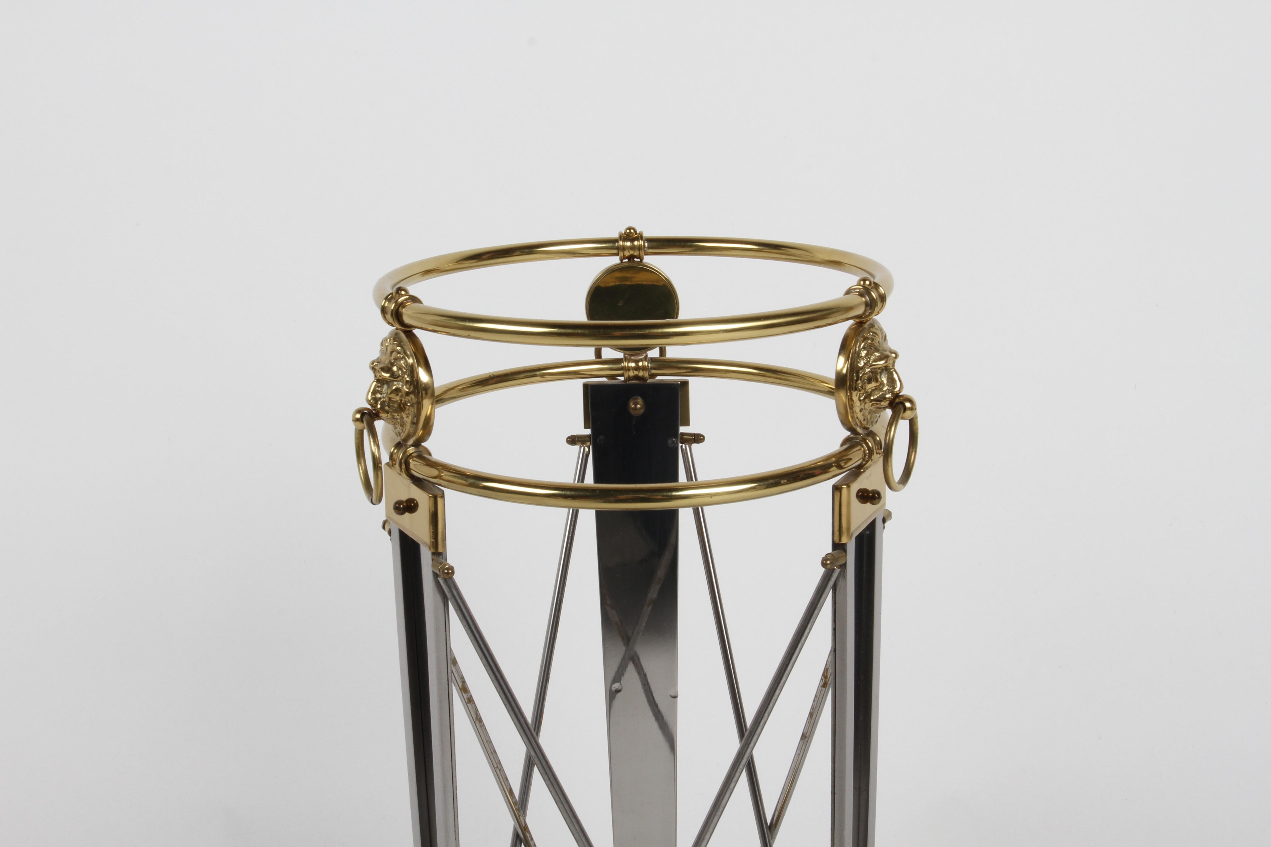 Regency Style Classic Form Umbrella Stand with Lion's Heads in Stainless & Brass For Sale 7