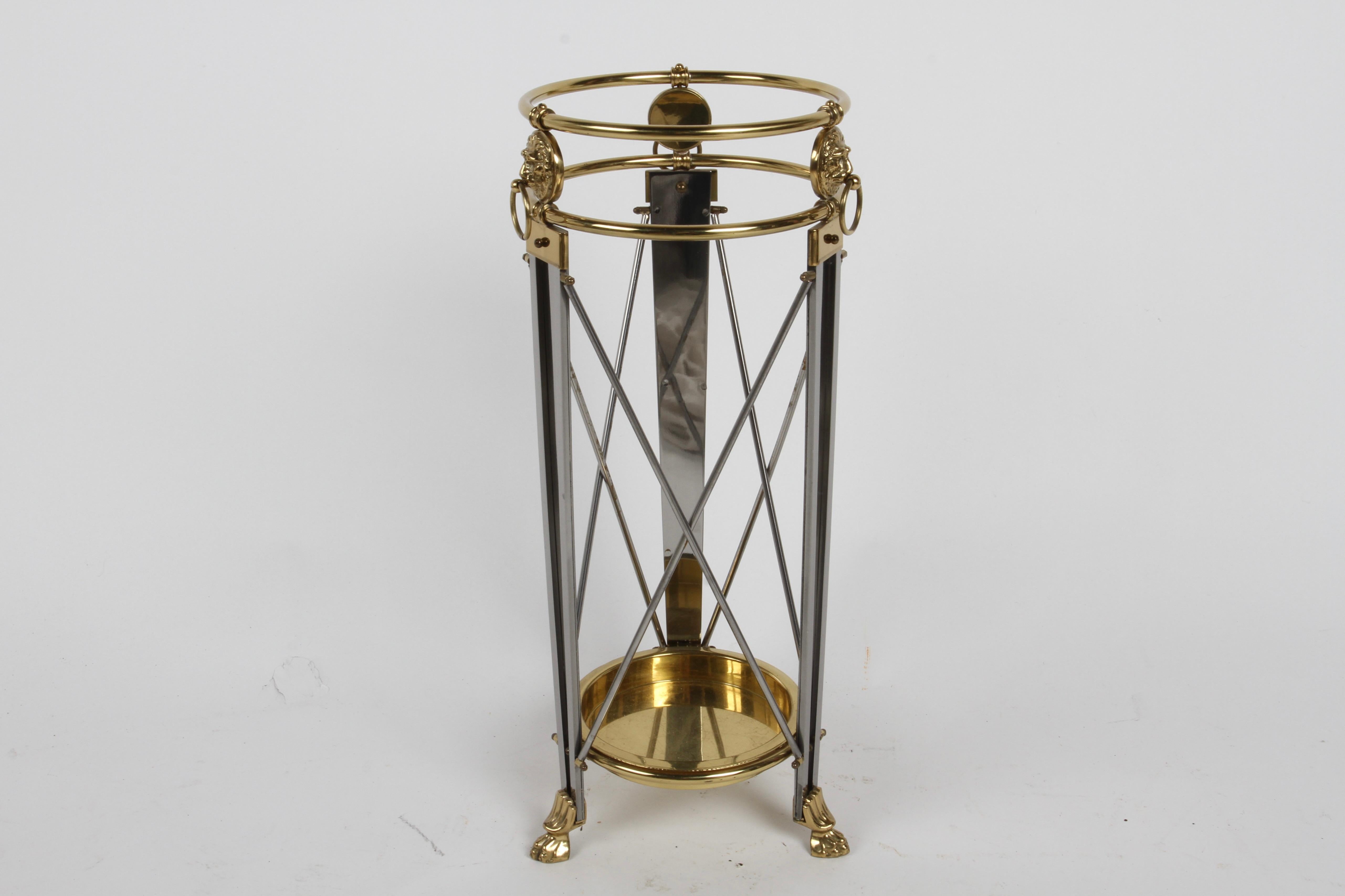 Hollywood Regency Regency Style Classic Form Umbrella Stand with Lion's Heads in Stainless & Brass For Sale