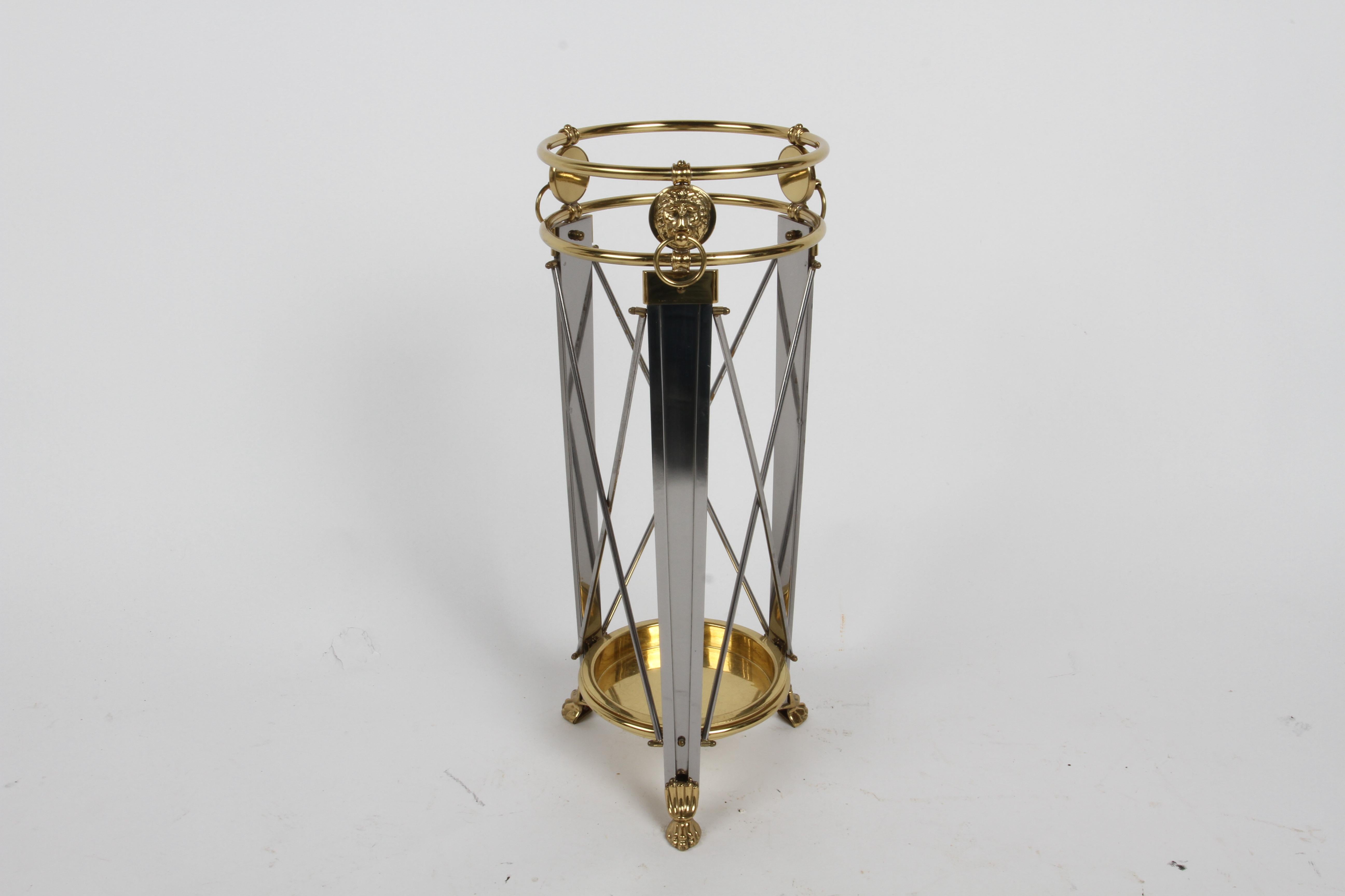 Unknown Regency Style Classic Form Umbrella Stand with Lion's Heads in Stainless & Brass For Sale