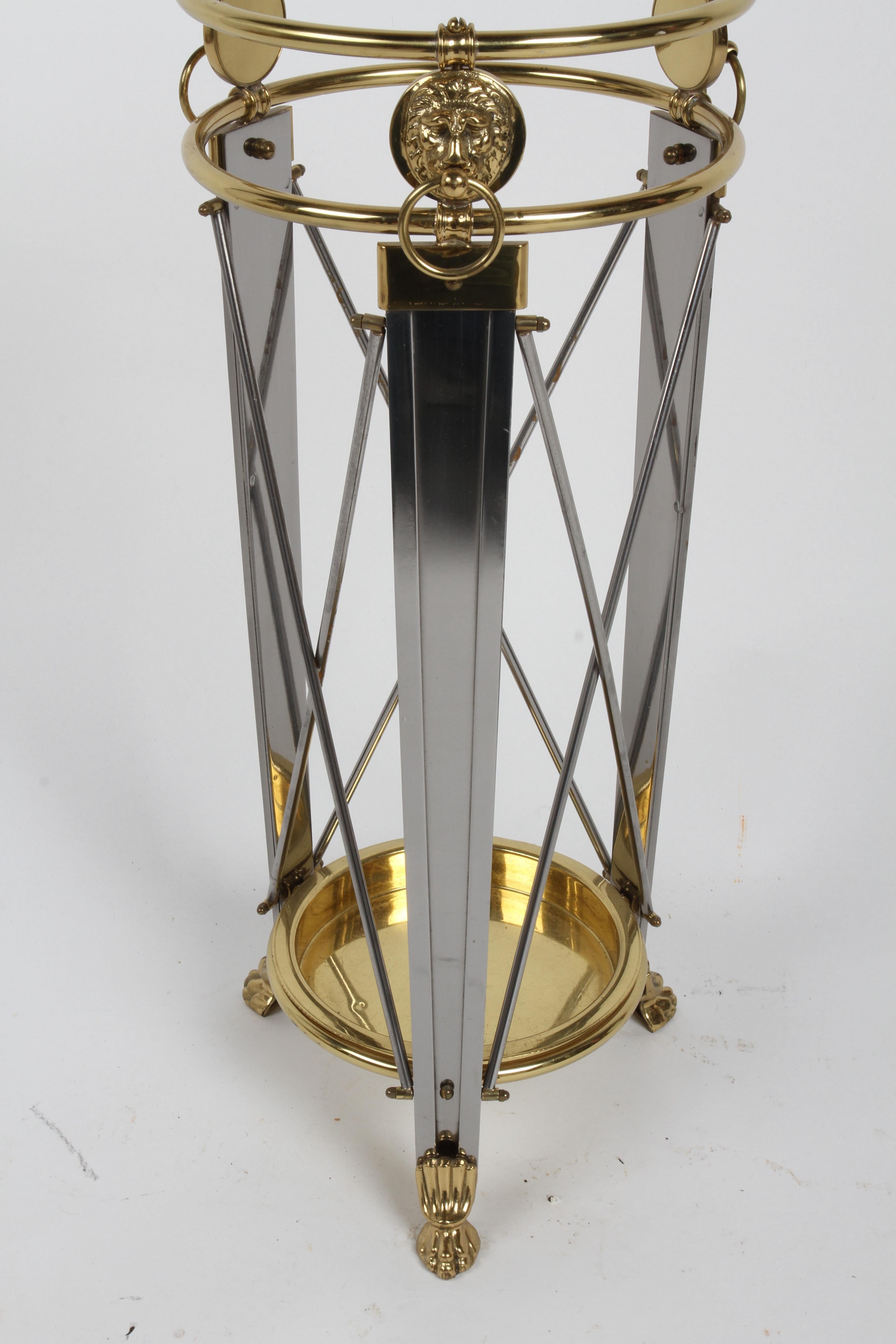 Regency Style Classic Form Umbrella Stand with Lion's Heads in Stainless & Brass For Sale 1