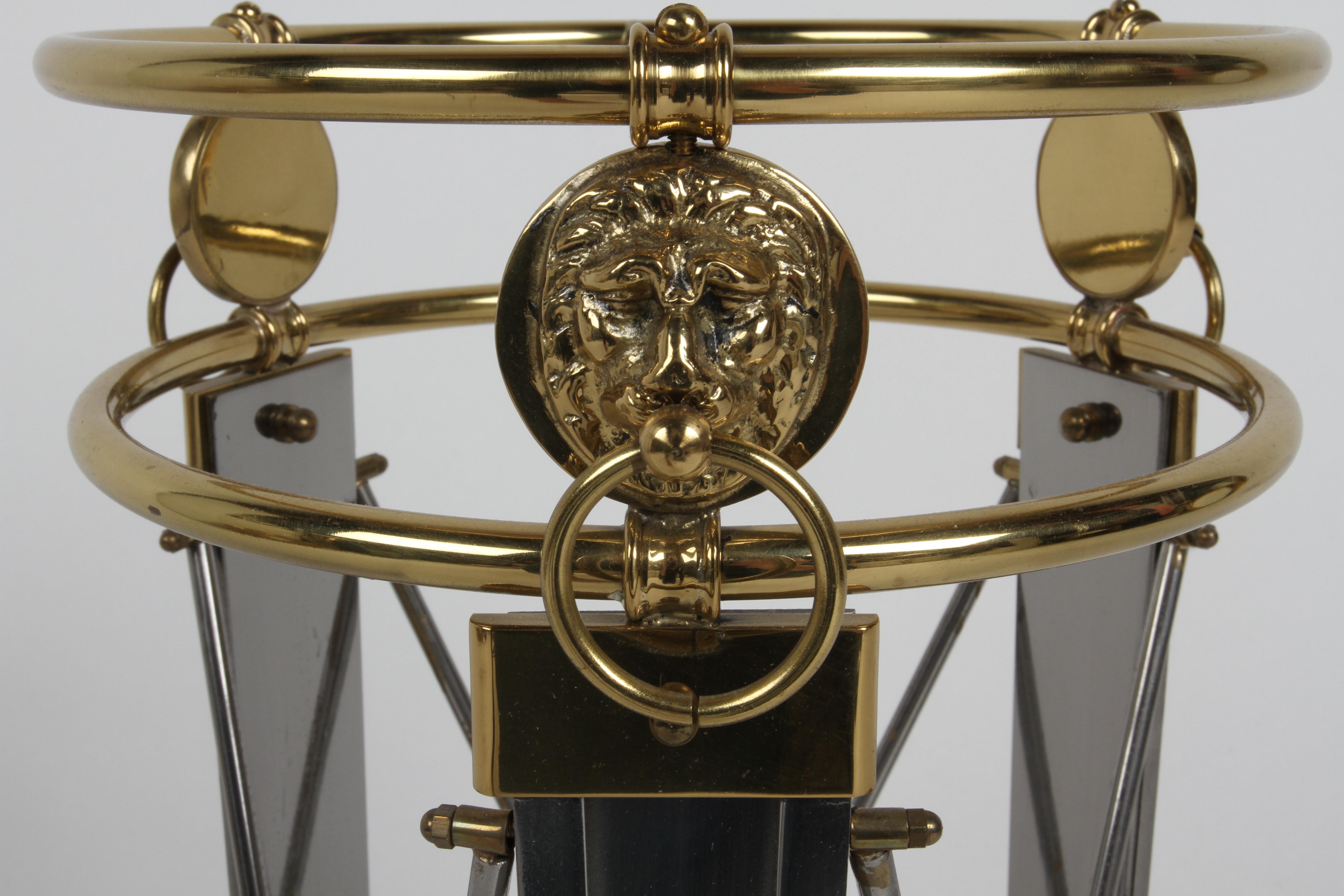 Regency Style Classic Form Umbrella Stand with Lion's Heads in Stainless & Brass For Sale 3