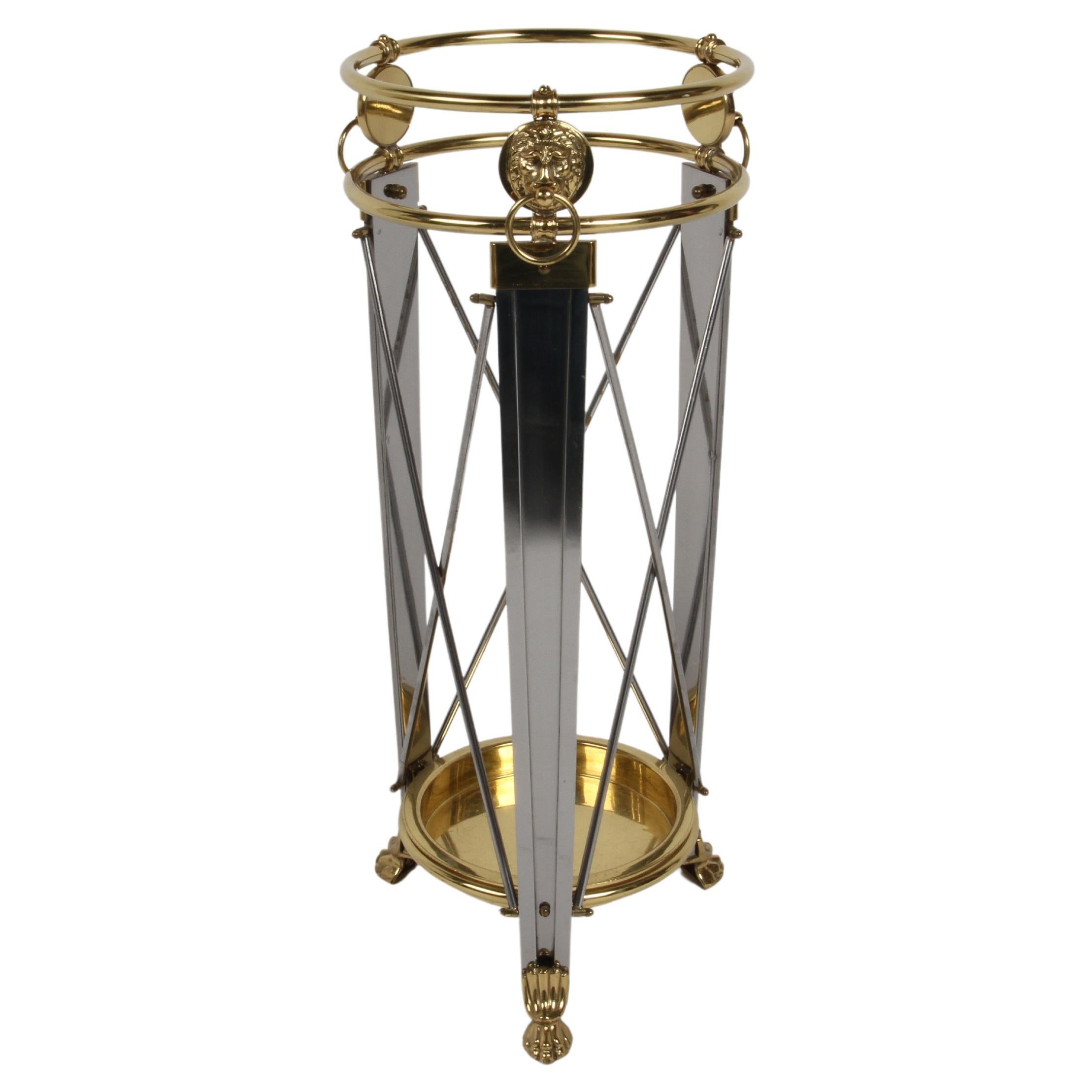 Regency Style Classic Form Umbrella Stand with Lion's Heads in Stainless & Brass For Sale