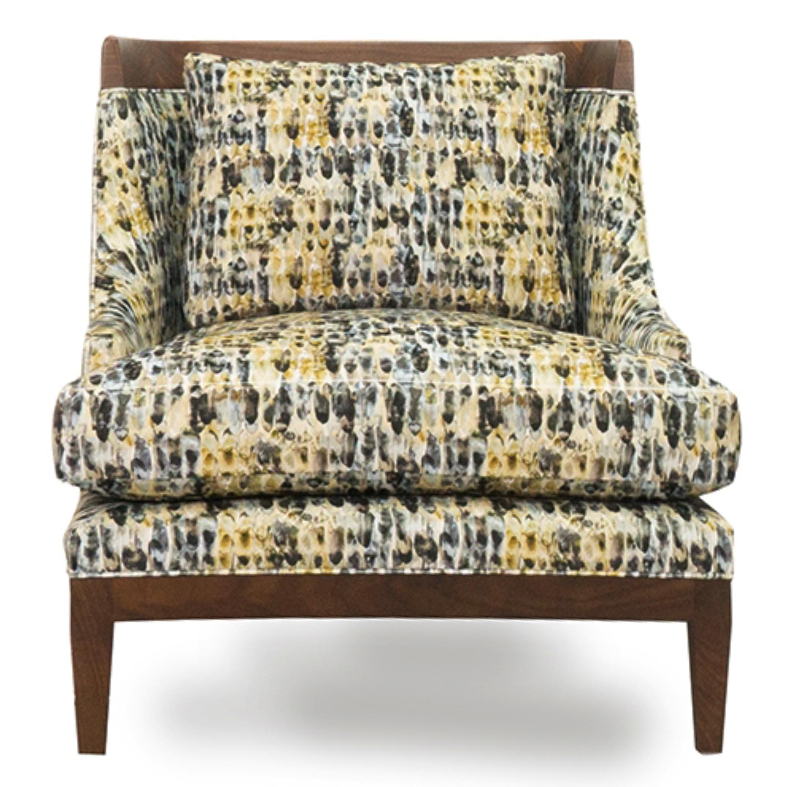 Regency style club chair is covered in a pebbled watercolor printed velvet. Deep seat is is both comfortable and elegant. Extra-stuffed down/feather-wrapped foam loose seat cushion sits atop an 8-way hand tied spring base. Loose pillow back is