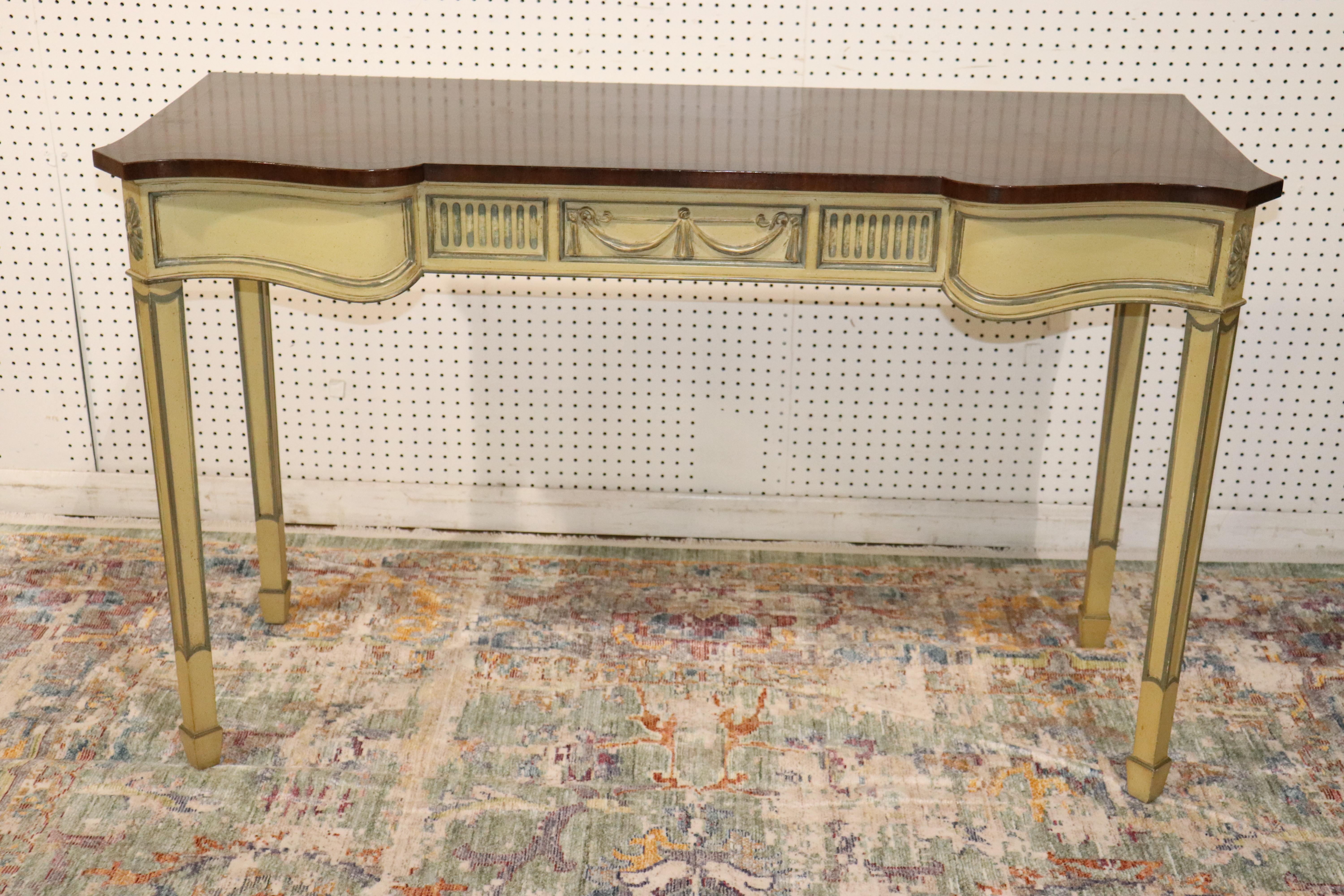 French Louis XVI style distressed painted and inlaid console table. Simple and yet sophisticated.