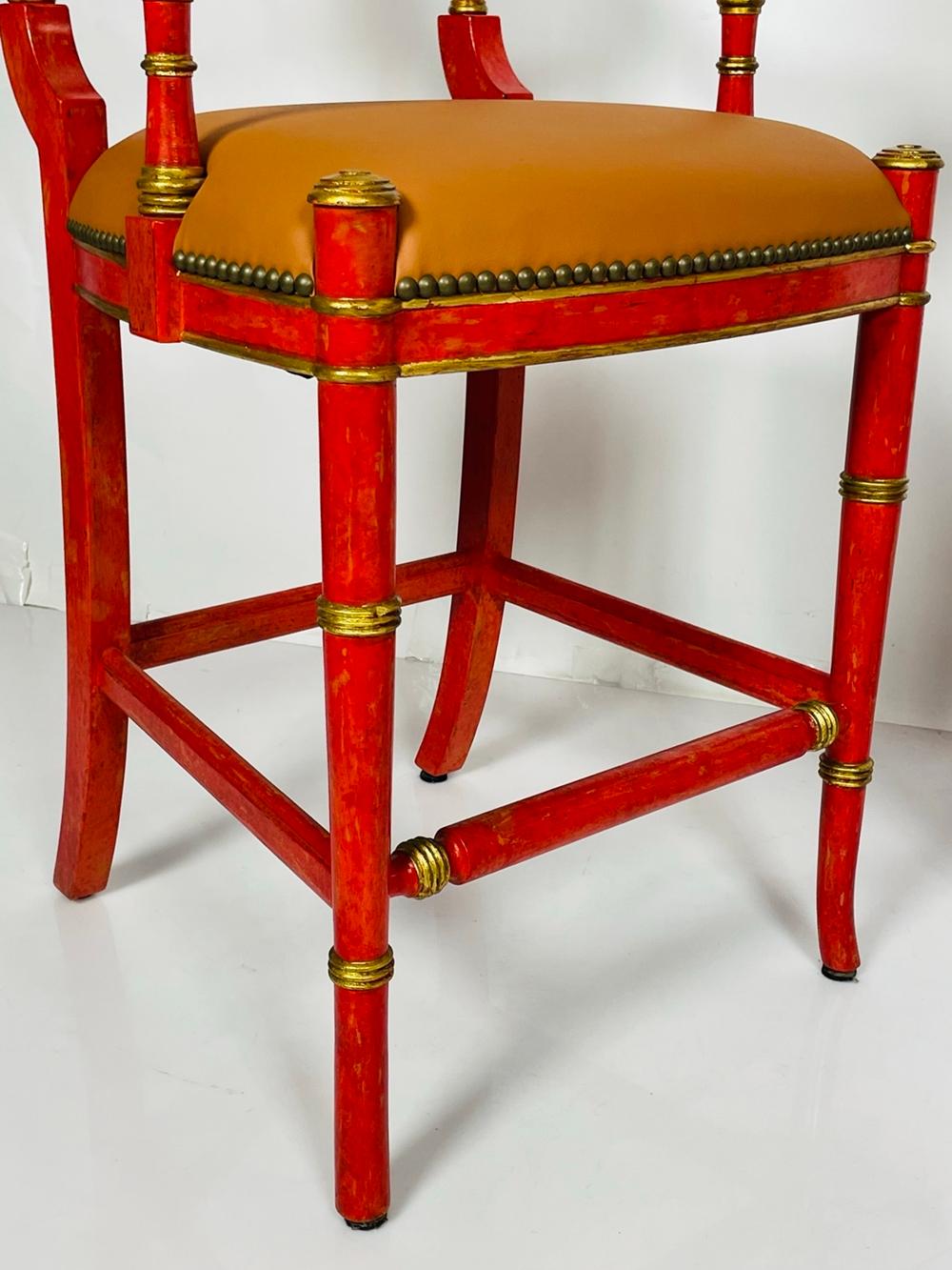 Regency Style Counter Stools With Gold Gilt, Canning & Leather Seats For Sale 9