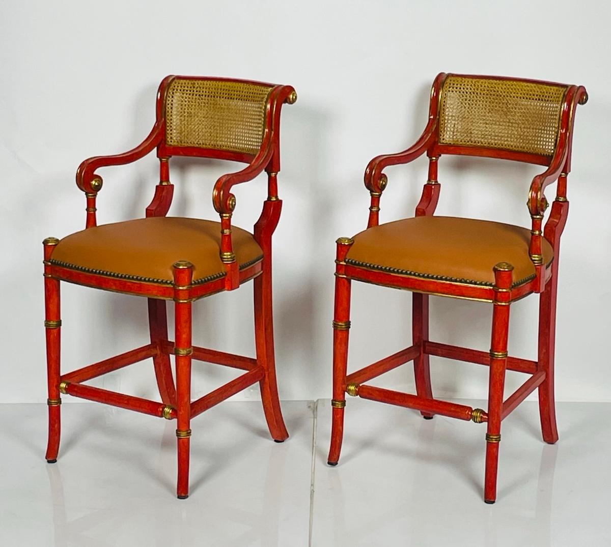 Regency Style Counter Stools With Gold Gilt, Canning & Leather Seats In Good Condition For Sale In Los Angeles, CA