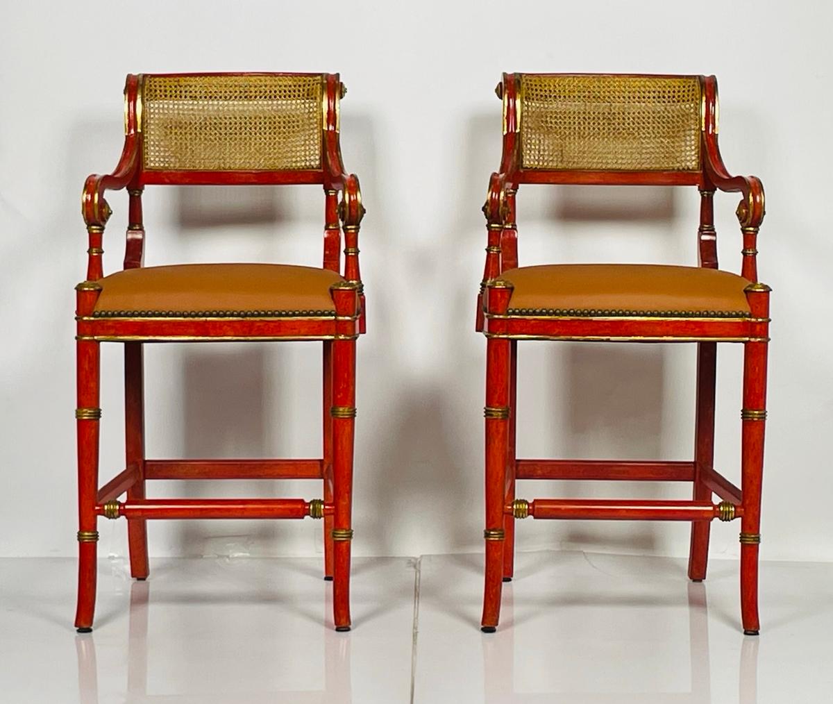 Late 20th Century Regency Style Counter Stools With Gold Gilt, Canning & Leather Seats For Sale