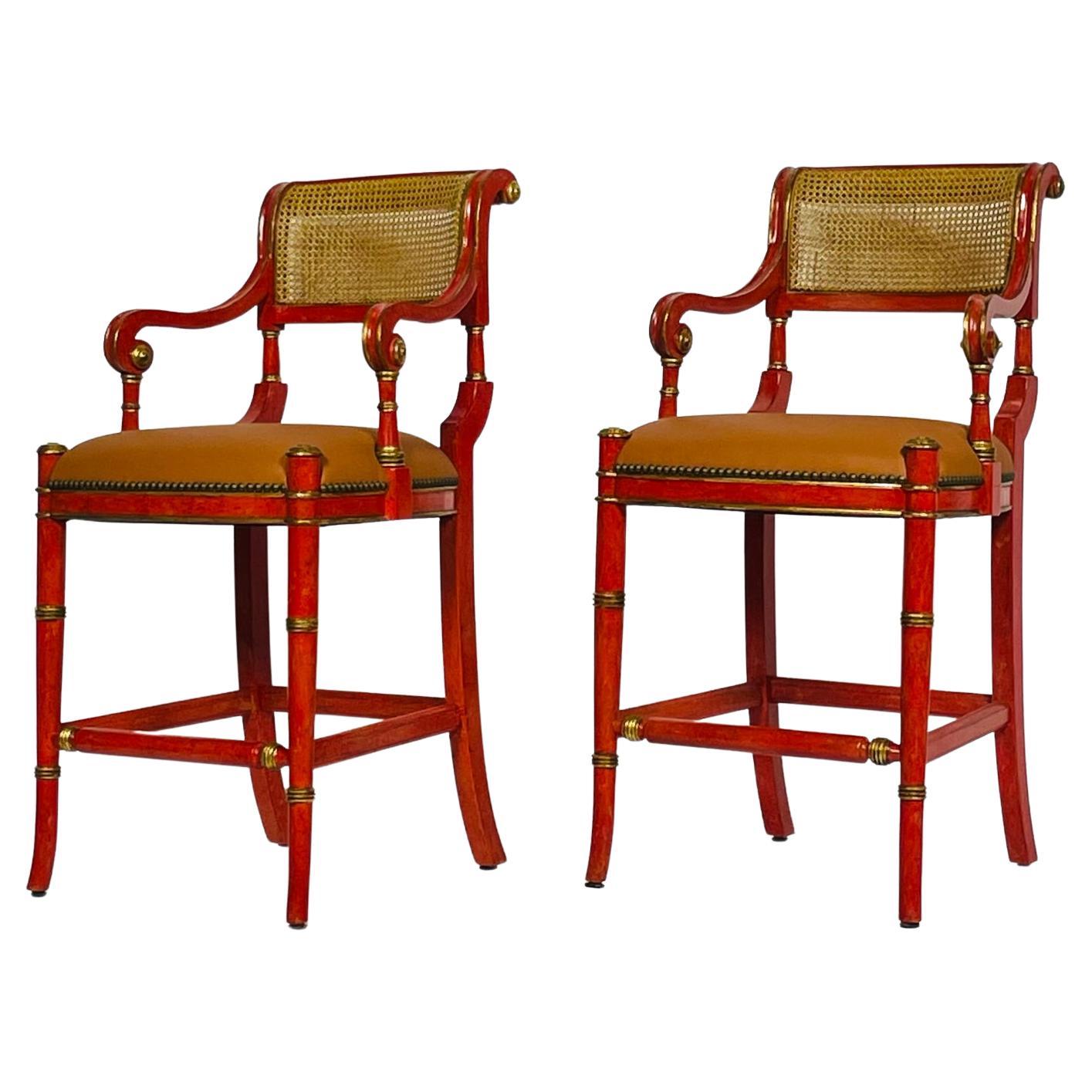 Regency Style Counter Stools With Gold Gilt, Canning & Leather Seats For Sale