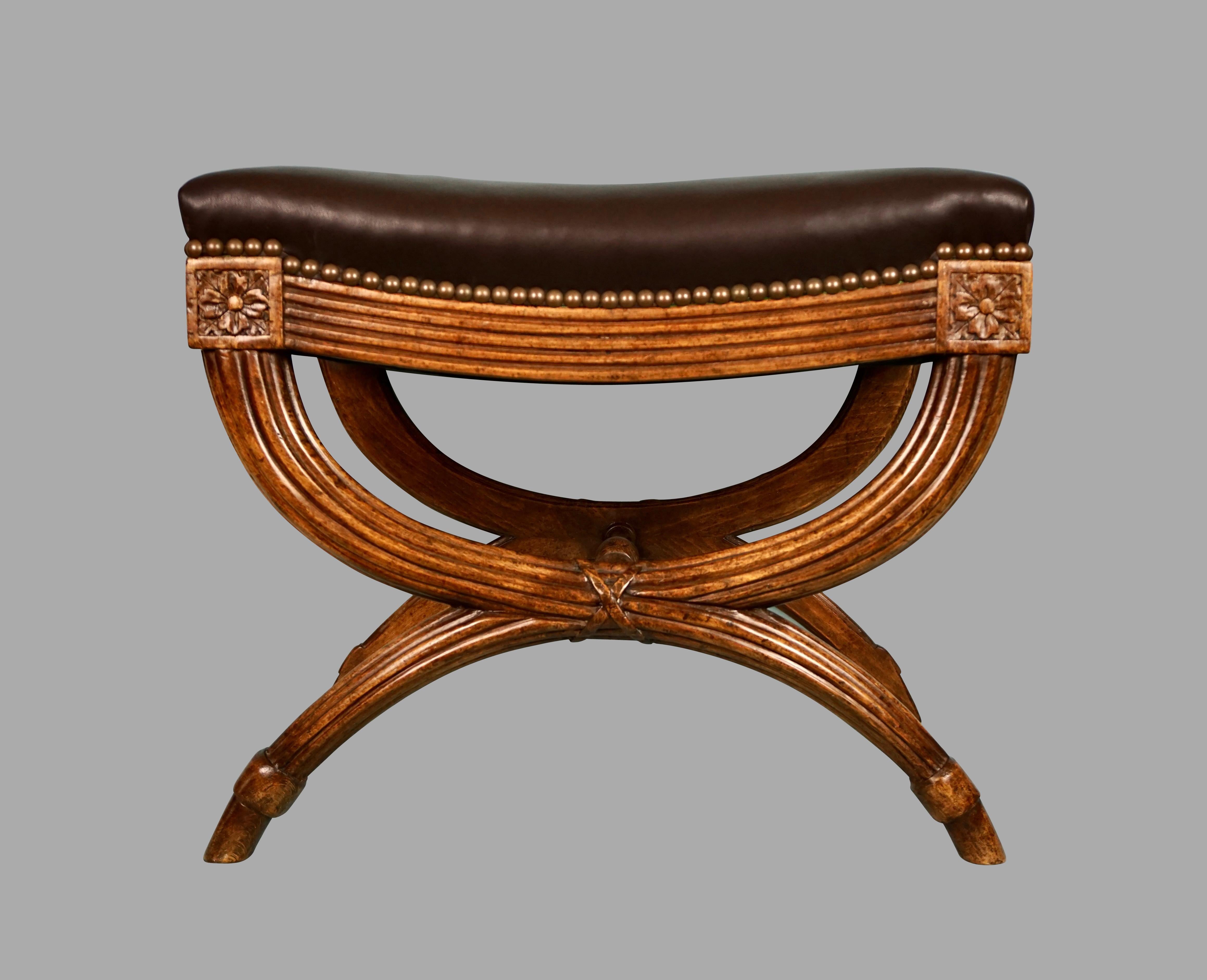 English Regency Style Curule Form Mahogany Bench with Black Leather Seat