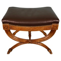 Regency Style Curule Form Mahogany Bench with Black Leather Seat