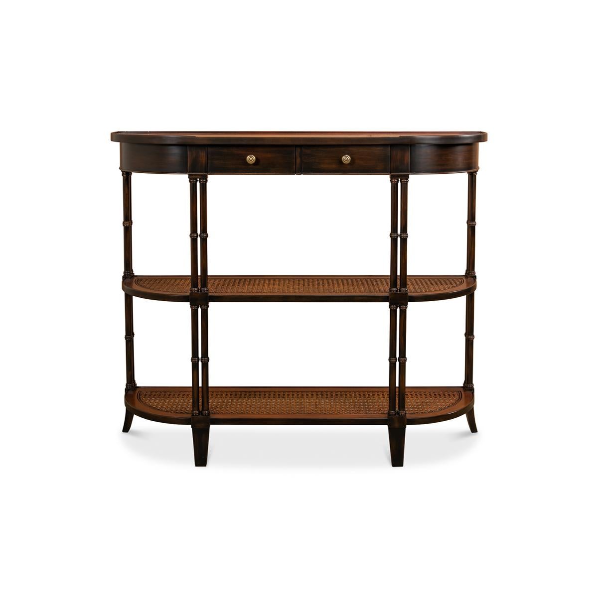 Regency Style Demilune Console, solid walnut with faux bamboo double leg supports, with a wooden gallery, above two drawers, and two lower shelf tiers with inlaid rattan.

Dimensions: 48