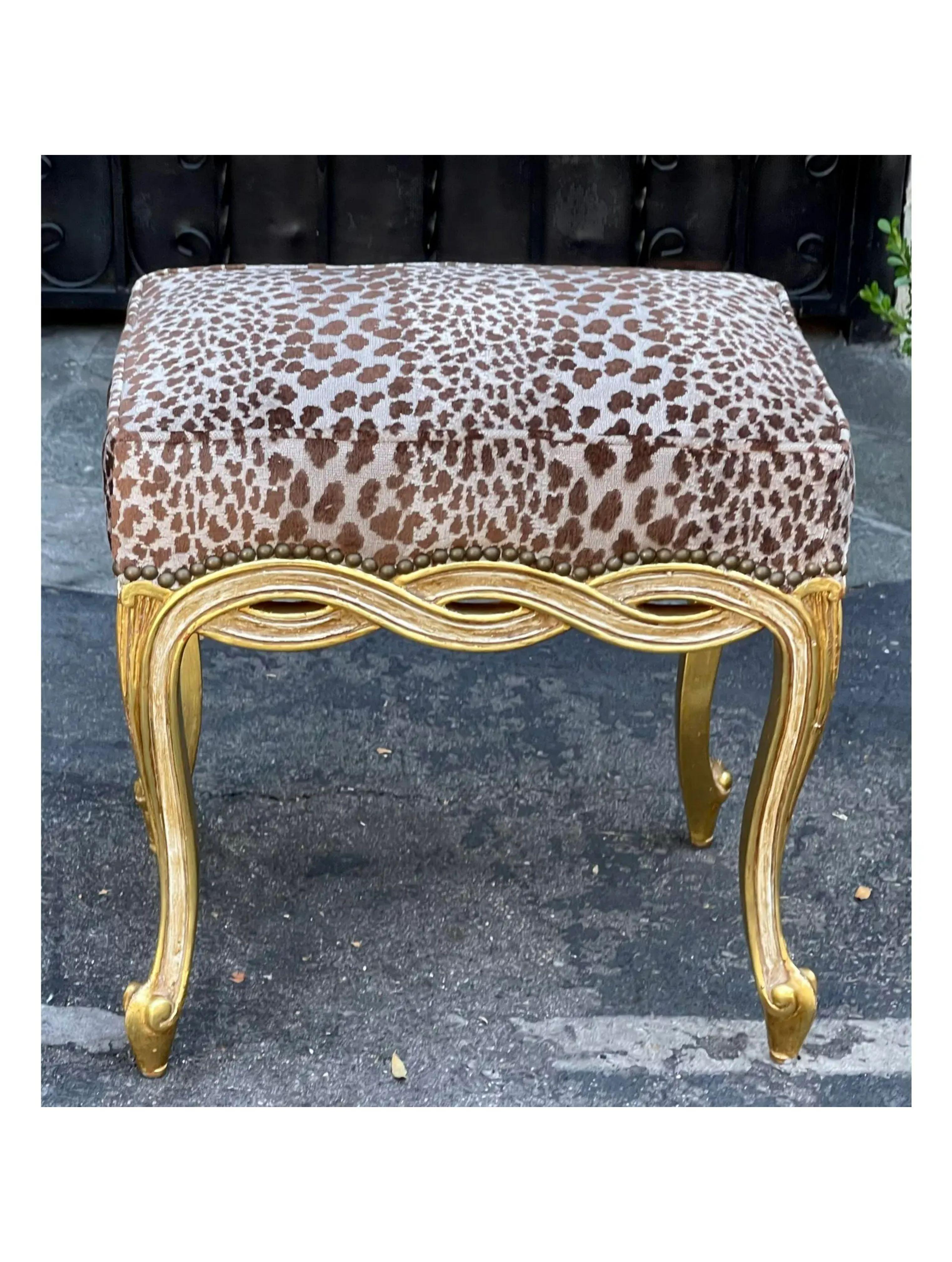 American Regency Style Designer Taboret Bench with Cheetah Velvet by Randy Esada For Sale