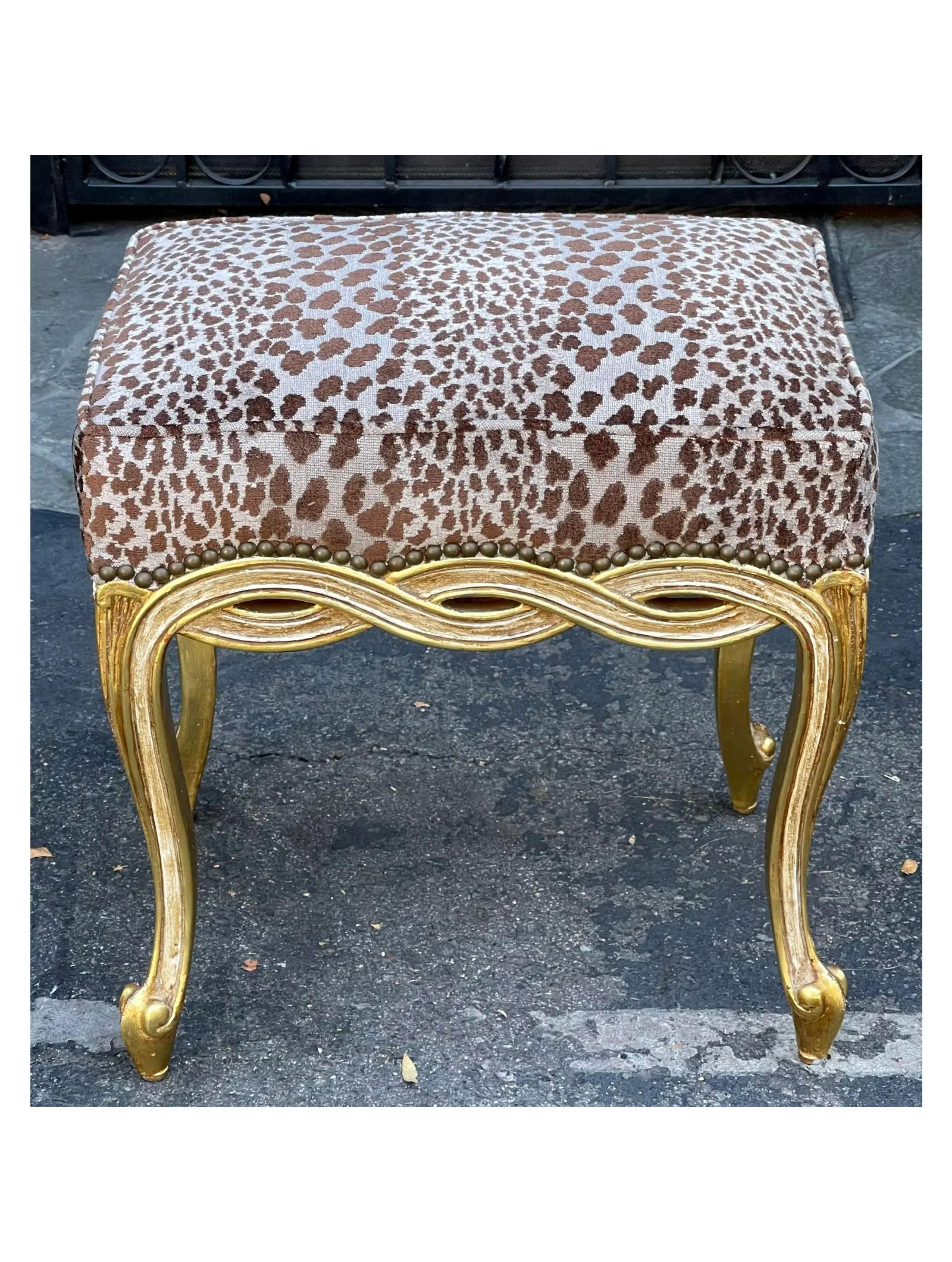 Contemporary Regency Style Designer Taboret Bench with Cheetah Velvet by Randy Esada For Sale