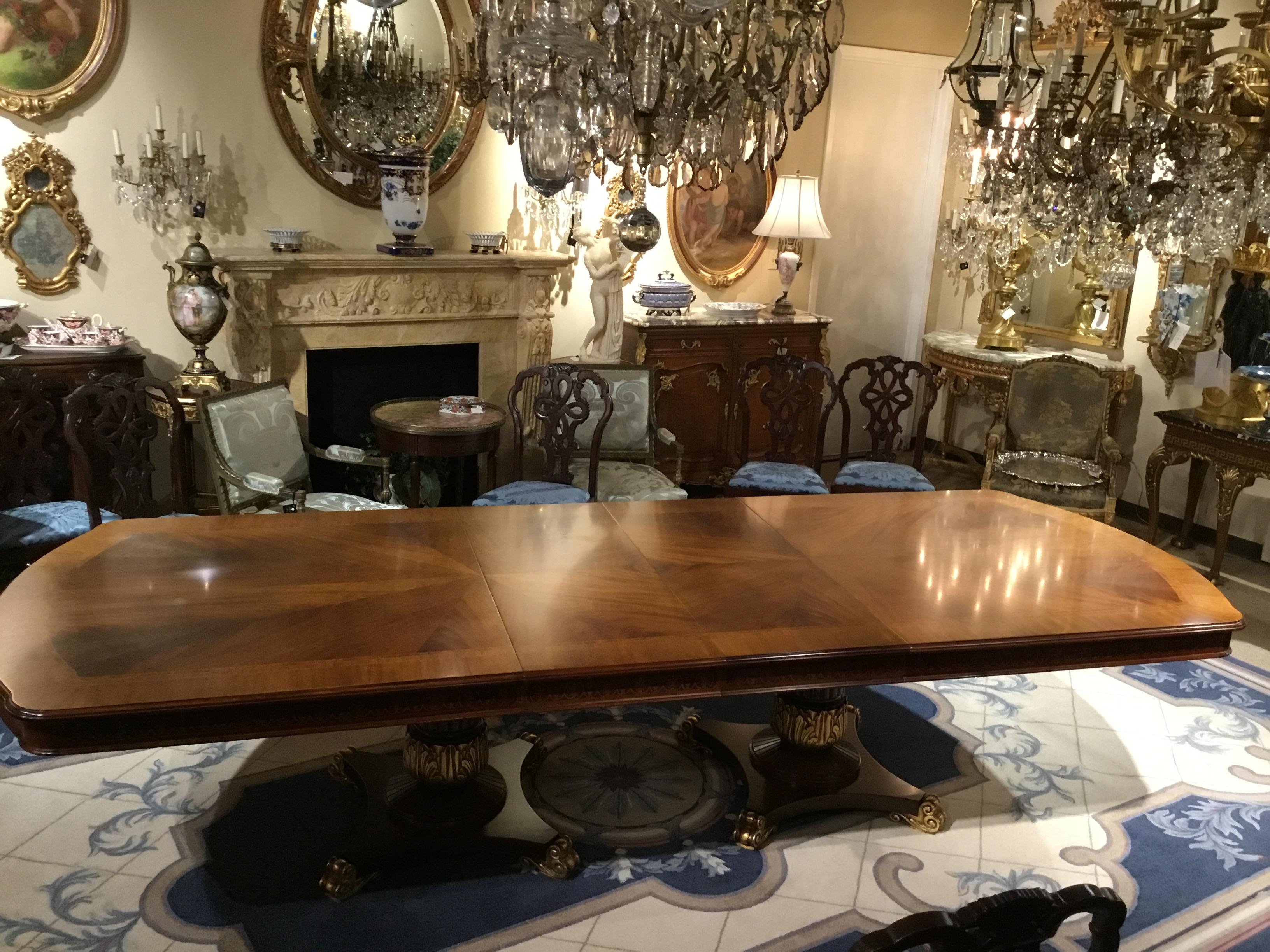 Mahogany Regency Style Dining Table Made of Finely Matched Veneers on Gilt Balusters