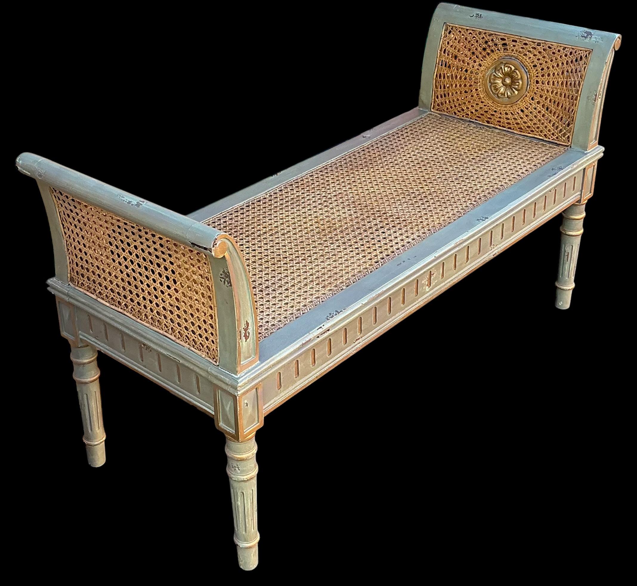 American Regency Style Double Caned Bench With Distressed French Gray Painted Finish