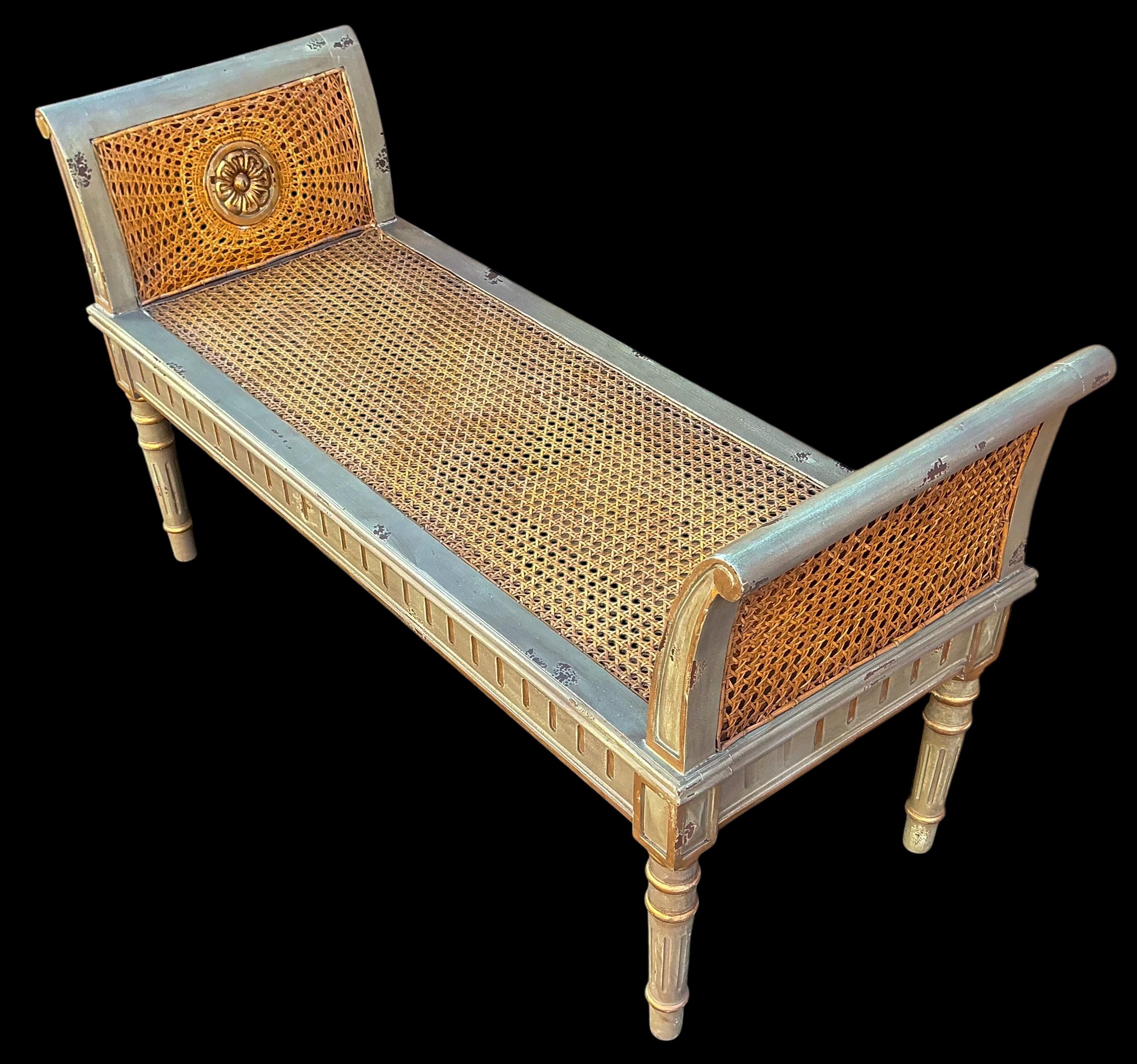 Contemporary Regency Style Double Caned Bench With Distressed French Gray Painted Finish