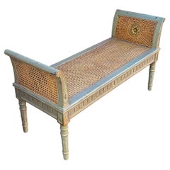 Regency Style Double Caned Bench With Distressed French Gray Painted Finish