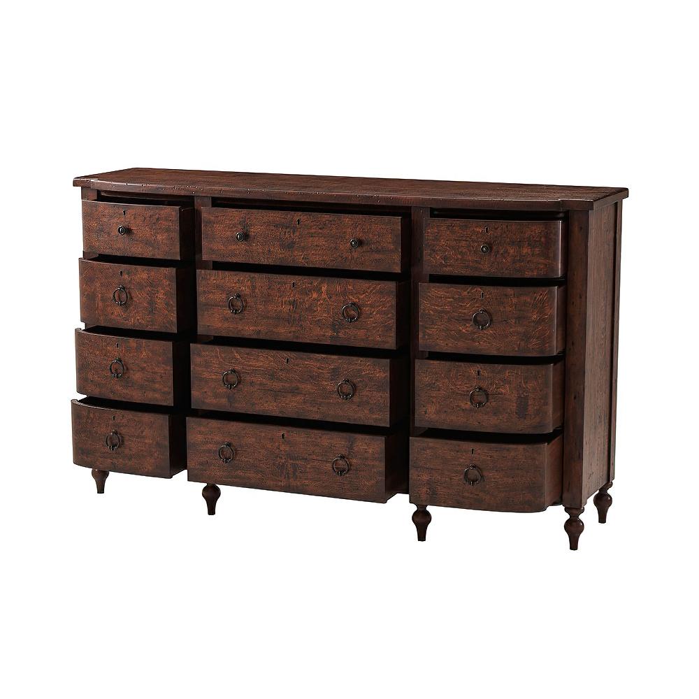 An English Country Style Dresser reclaimed oak veneered and mahogany dresser with D-form drawer faces, a shaped top, and four finely turned legs supporting bold pilasters, with oil rubbed escutcheons and pulls on every drawer.

Dimensions: 72