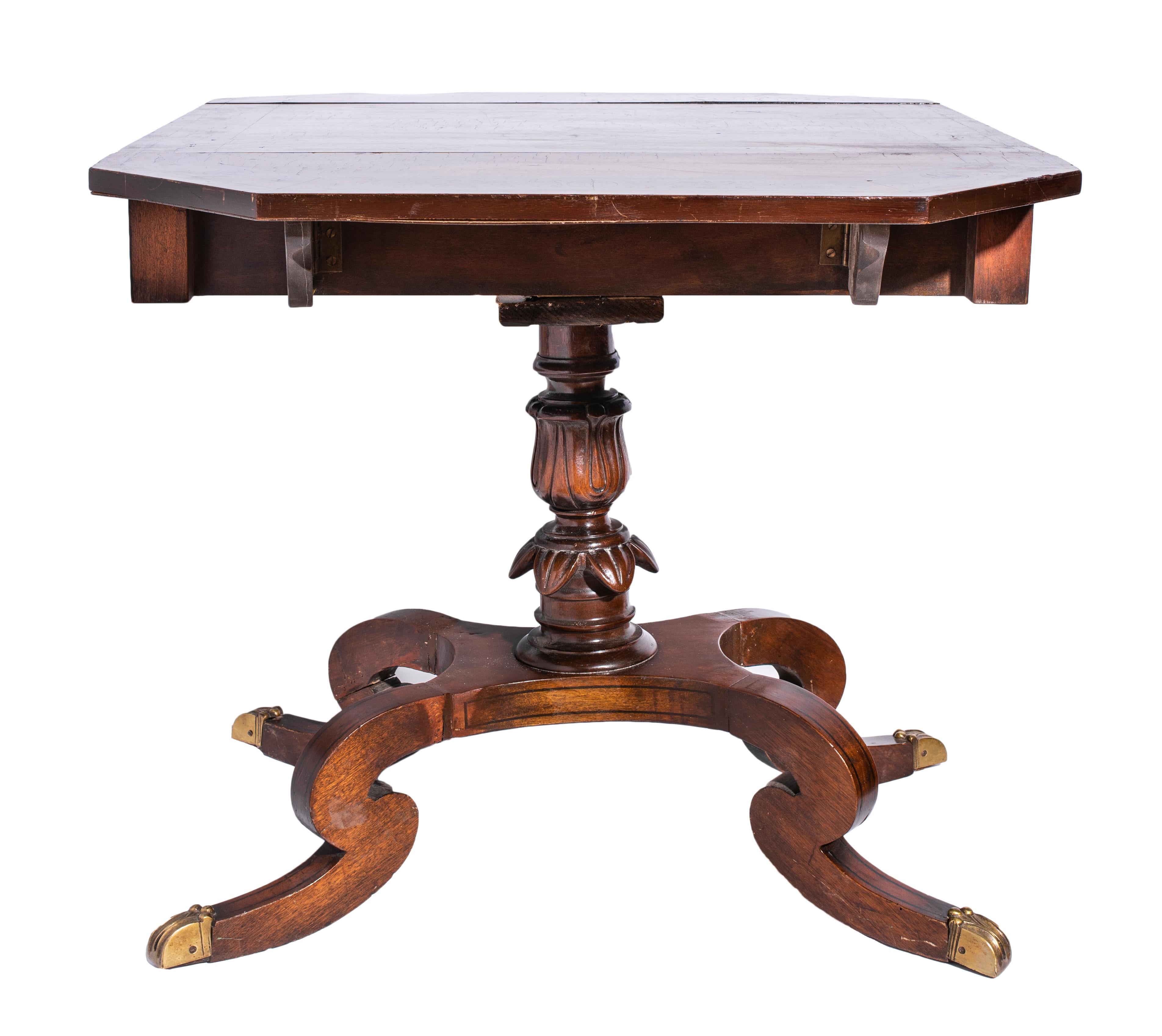 Regency style drop leaf sofa table with floral and scrolling details. 28.5” H x 37.5” W x 29.75” D.