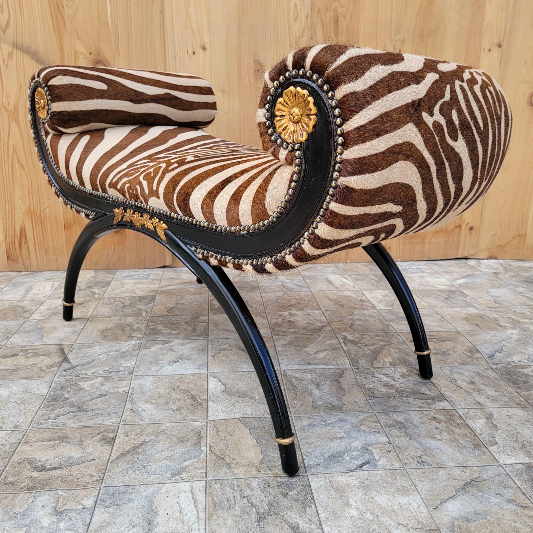 Regency Style Ebonized and Gilded Wood Scroll-Arm Zebra Striped Cowhide Bench For Sale 5