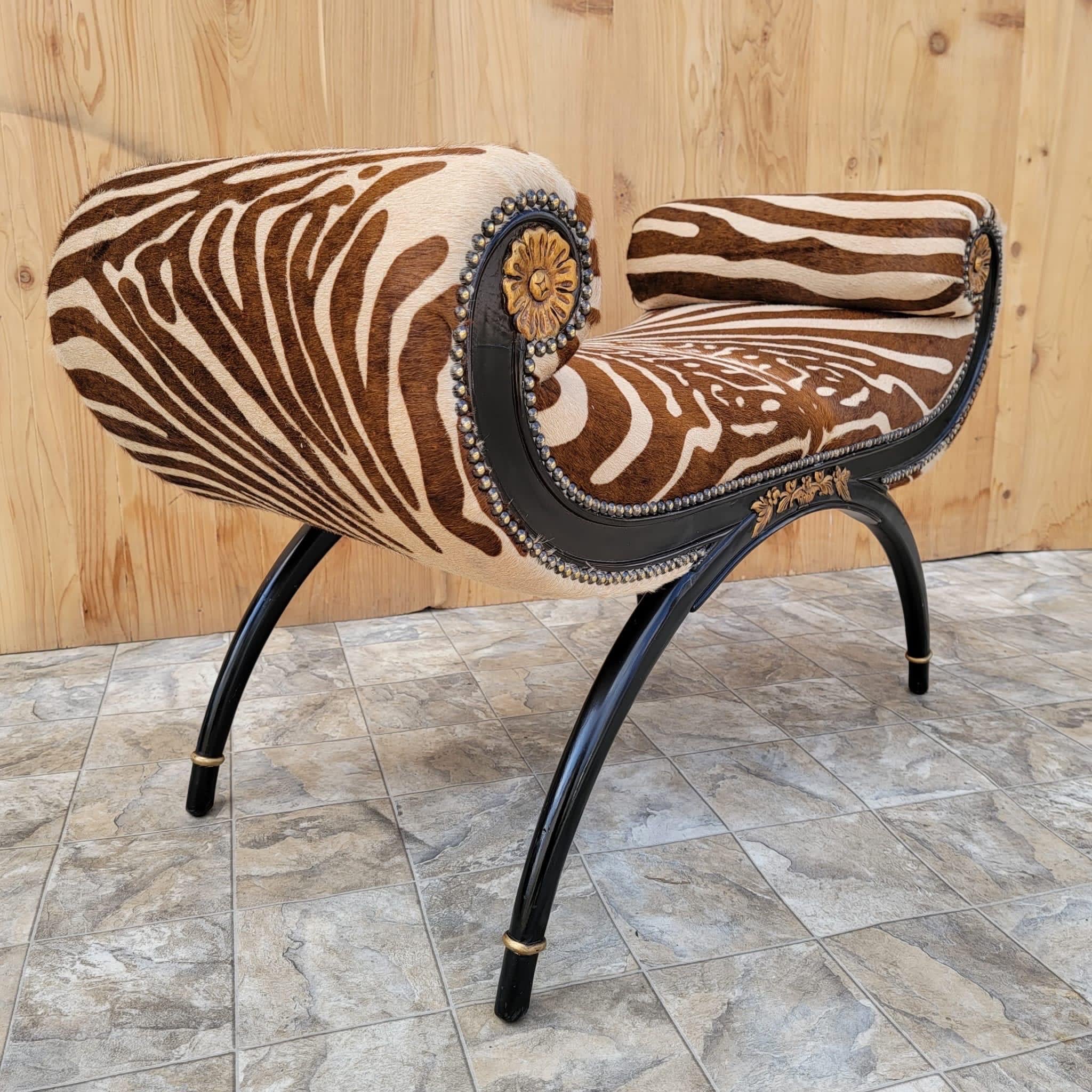 Regency Style Ebonized and Gilded Wood Scroll-Arm Zebra Striped Cowhide Bench For Sale 6