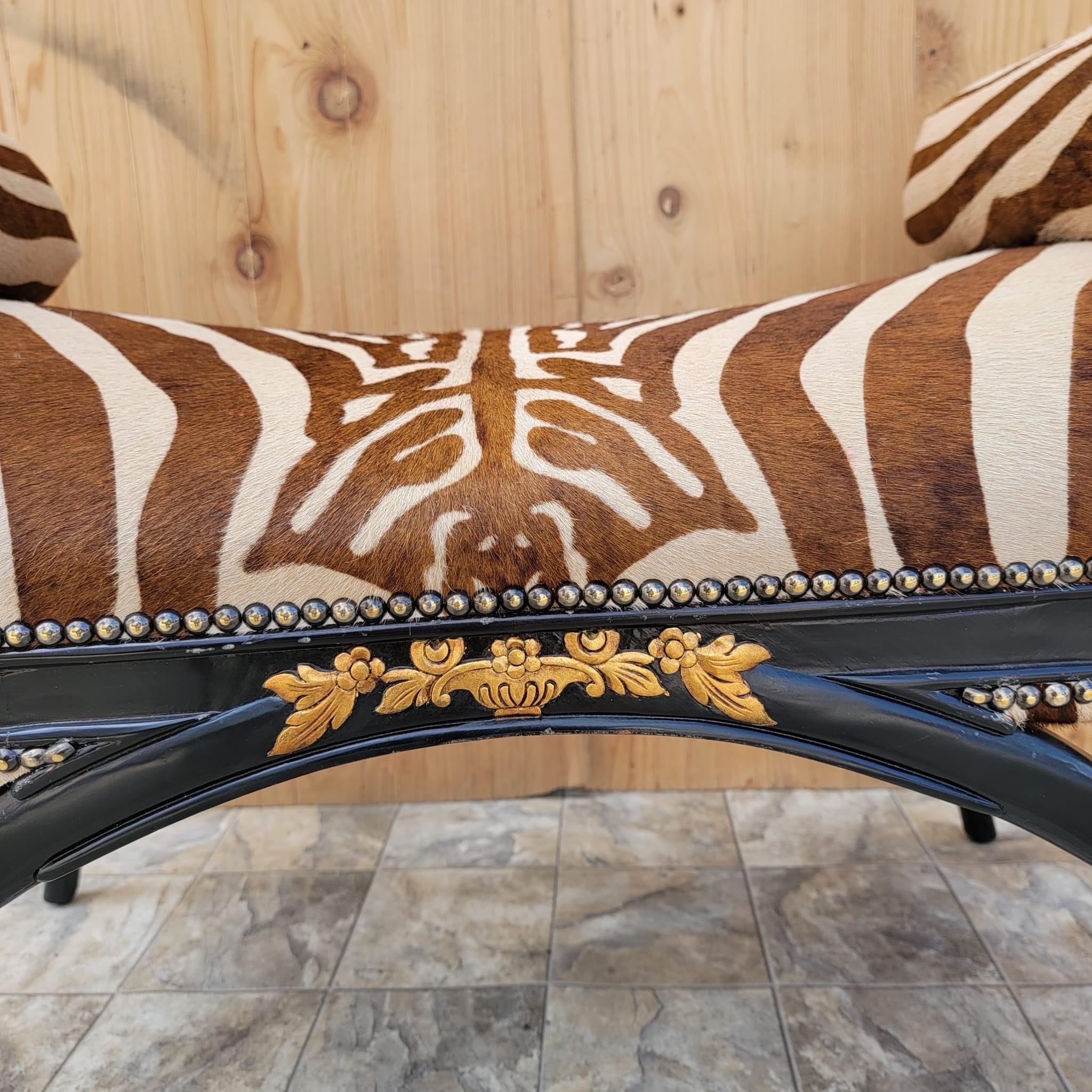 19th Century Regency Style Ebonized and Gilded Wood Scroll-Arm Zebra Striped Cowhide Bench For Sale