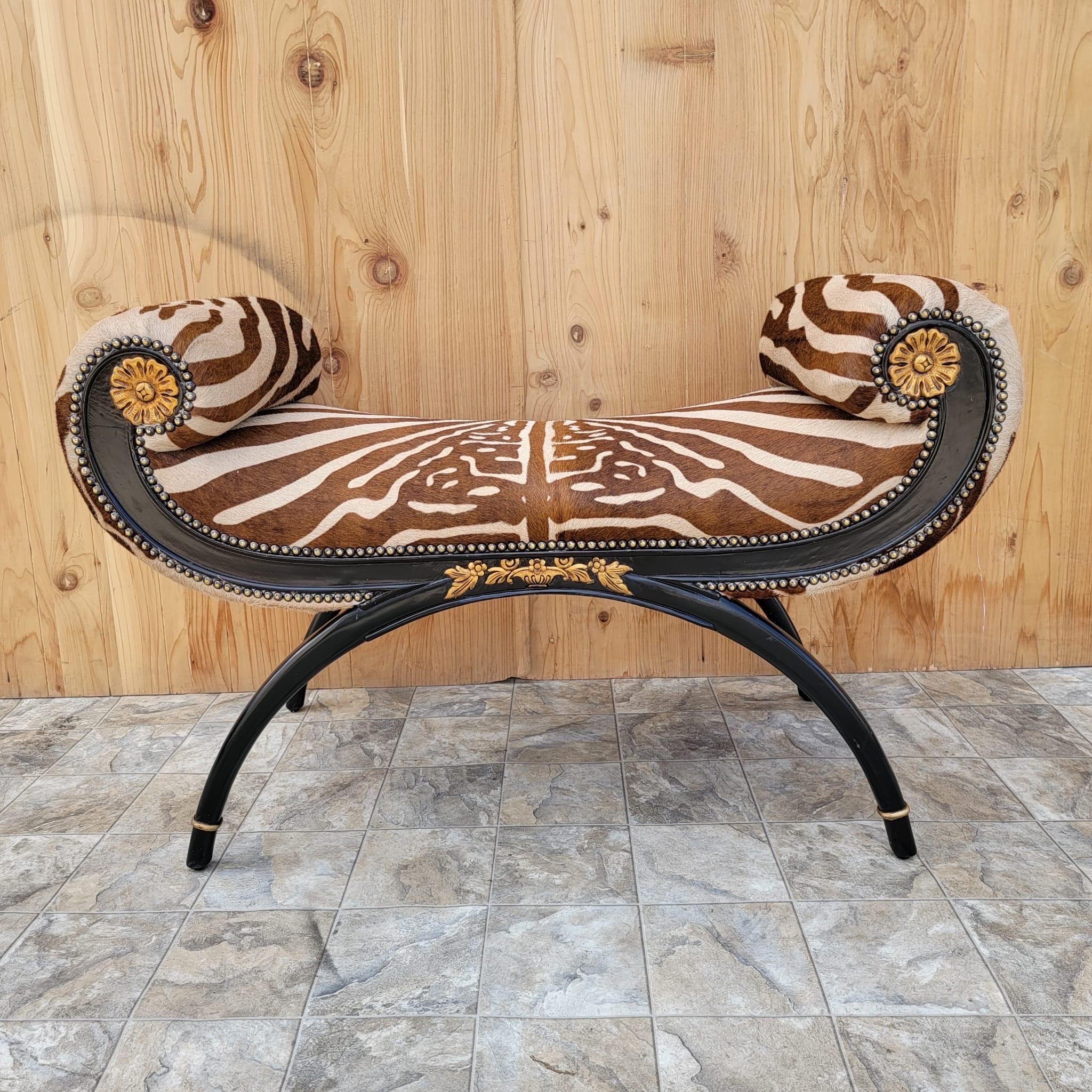 Regency Style Ebonized and Gilded Wood Scroll-Arm Zebra Striped Cowhide Bench For Sale 1