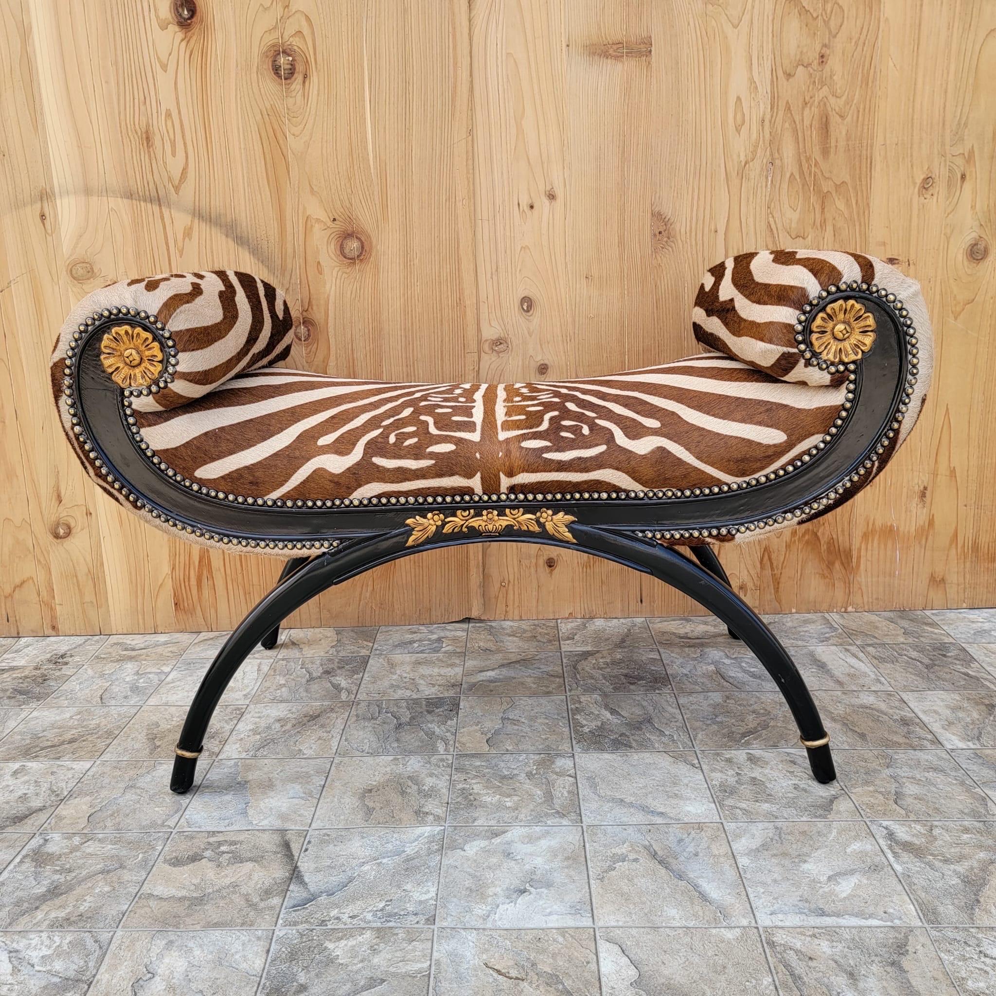 Regency Style Ebonized and Gilded Wood Scroll-Arm Zebra Striped Cowhide Bench 1